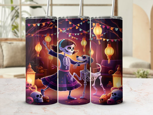 Day of the Dead girl and skeleton dog with skulls and lanterns.