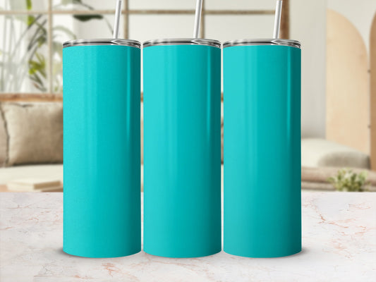 Three teal tumblers with straws on a marbled surface.