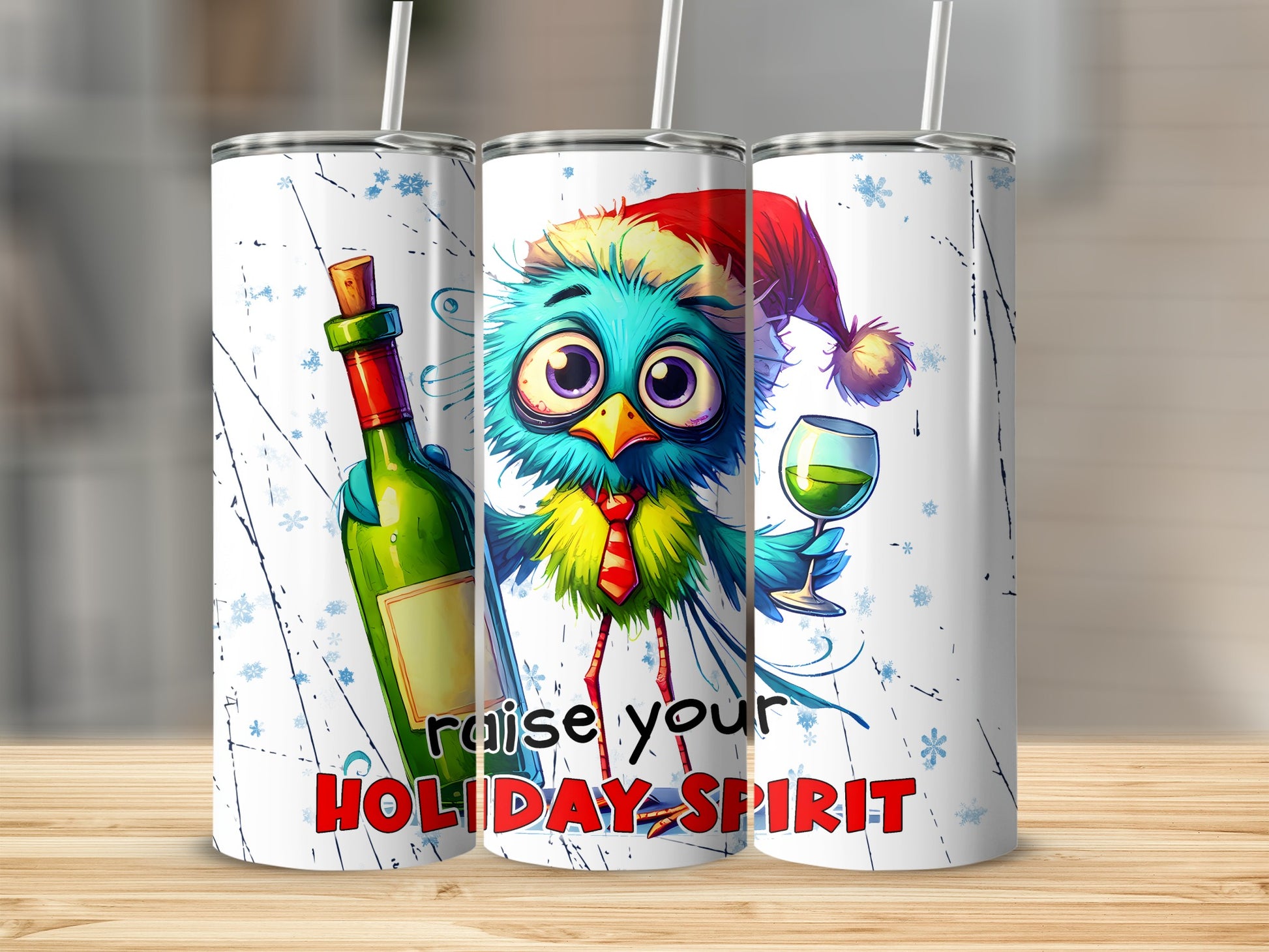 Cartoon bird in Santa hat with wine bottle and glass, text "Raise Your Holiday Spirit."