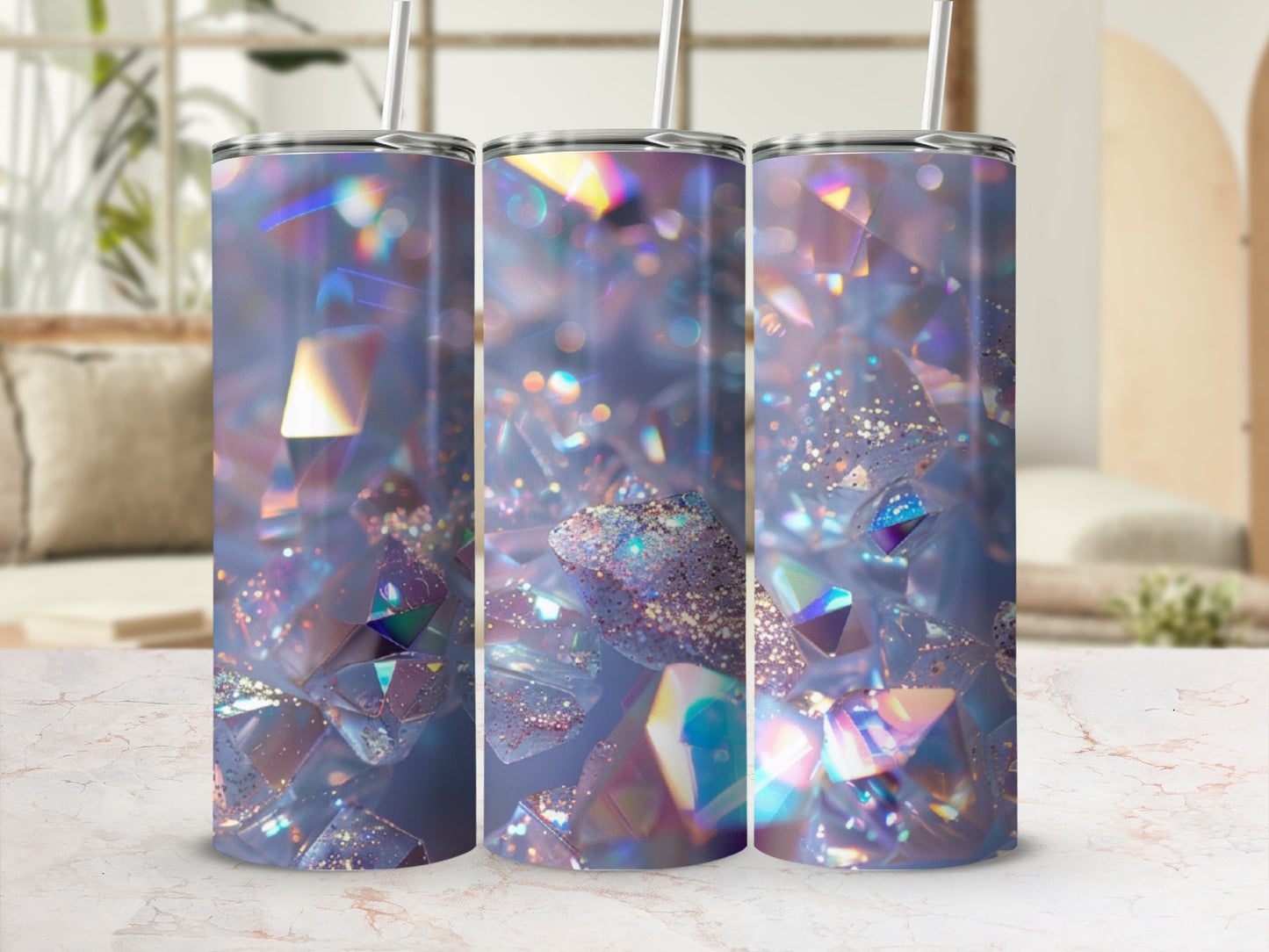 Three tumblers with a holographic glitter gem design.