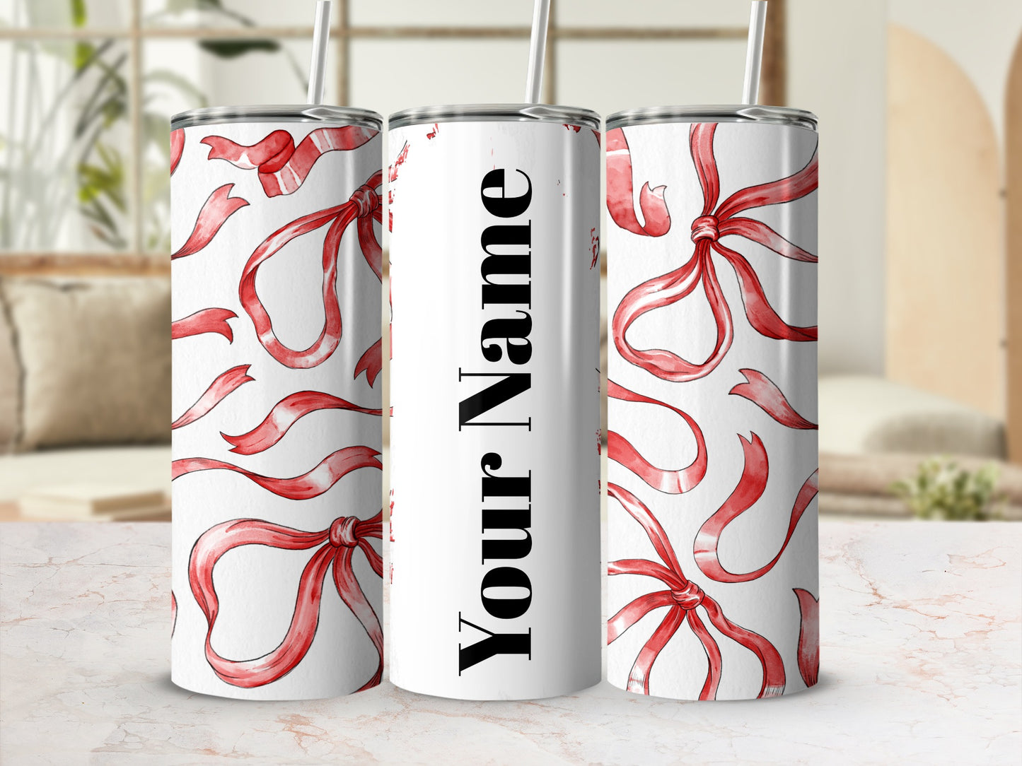 Customizable Ribbon Design Tumbler with Straw