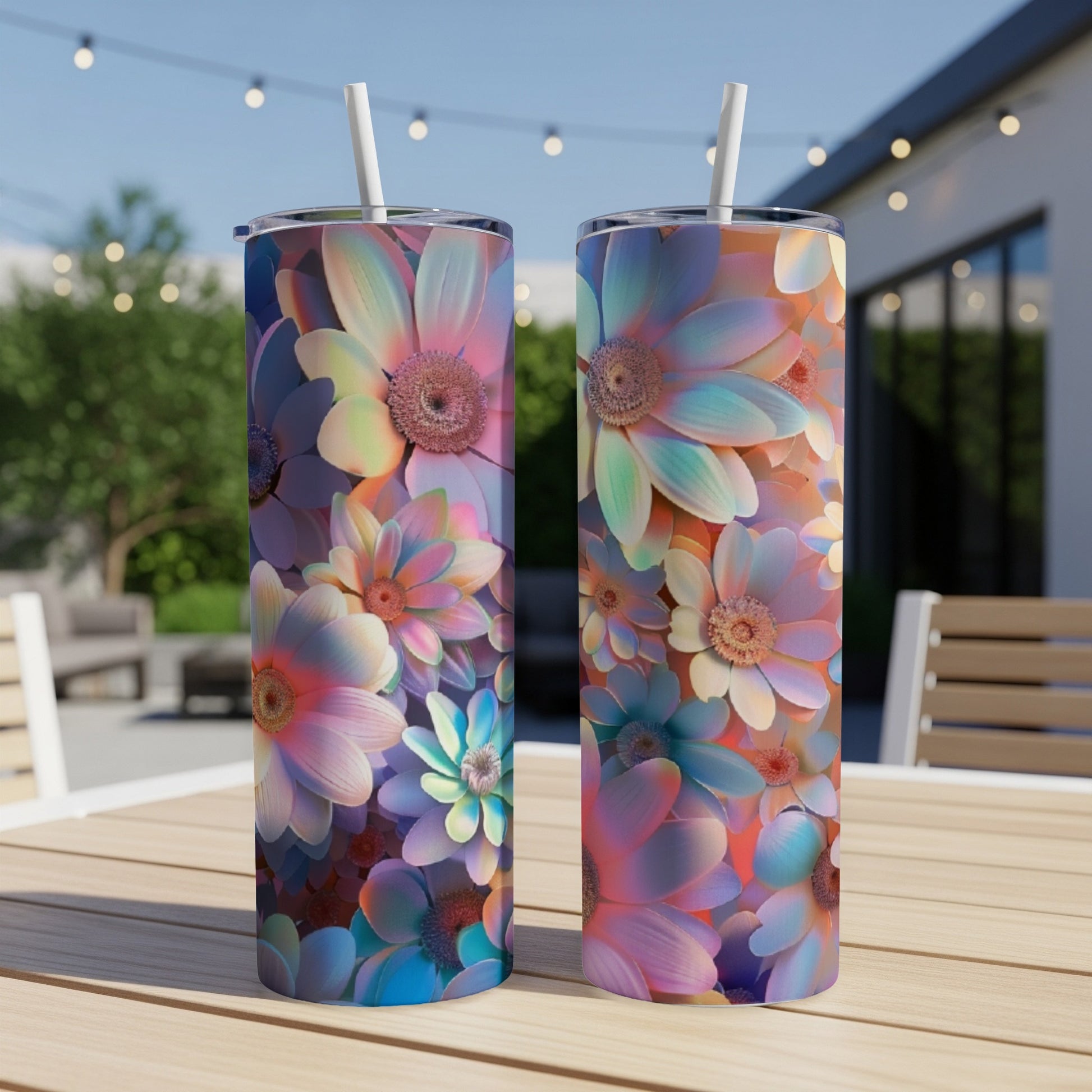 Two colorful floral patterned tumblers with straws on a wooden table.