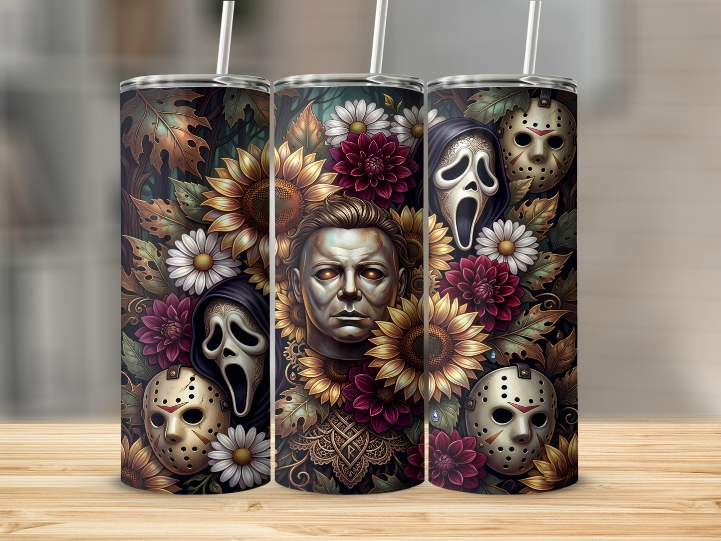 Tumblers with horror icons Michael Myers, Ghostface, and Jason Voorhees among flowers.