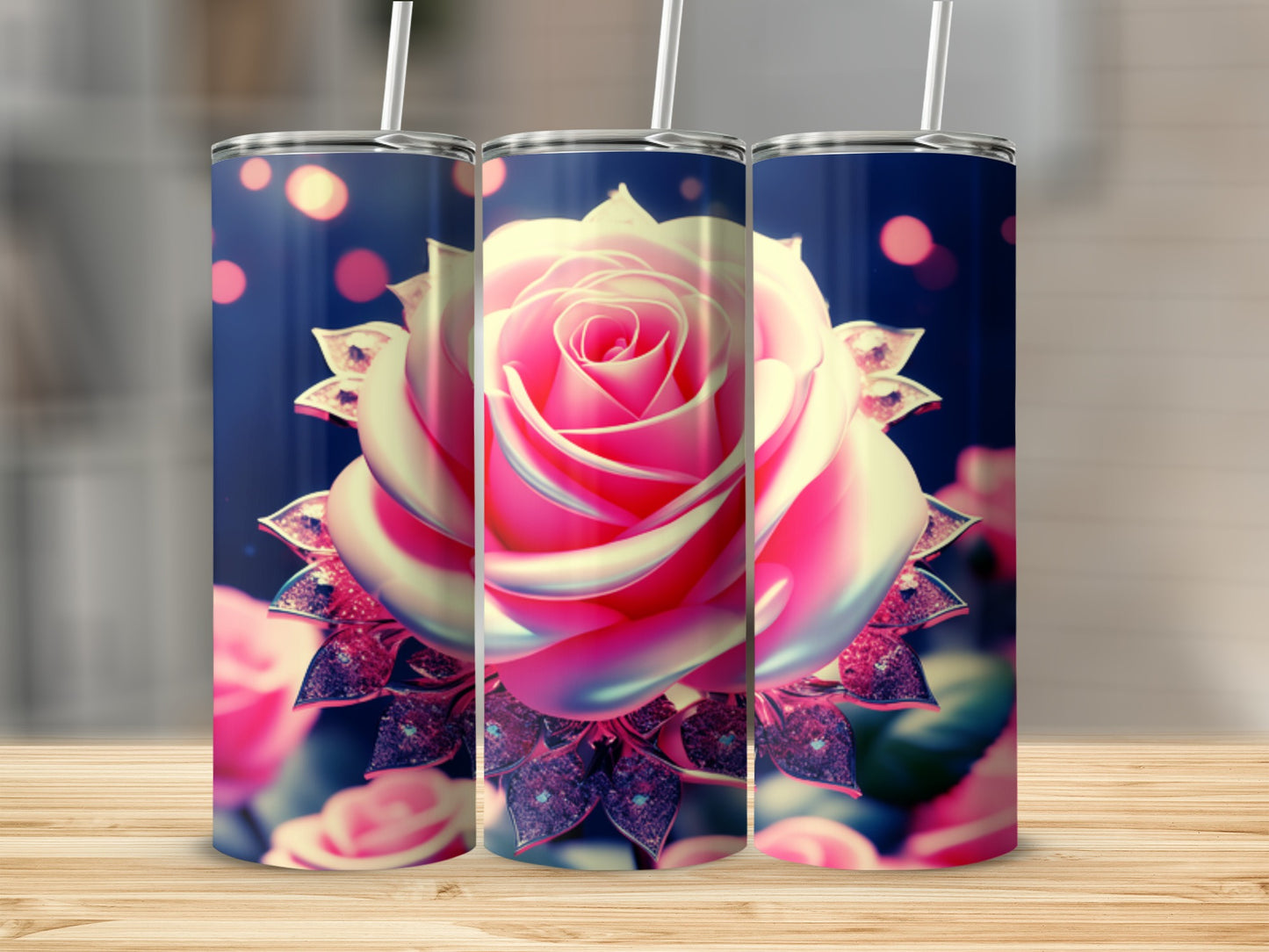 Pink rose design on a tumbler with bokeh background.
