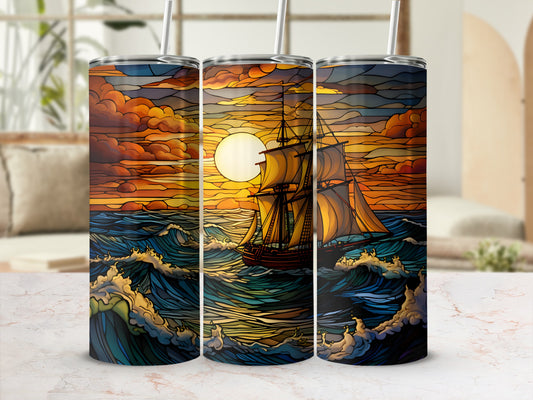 Sailboat on stormy seas at sunset with stained glass effect.