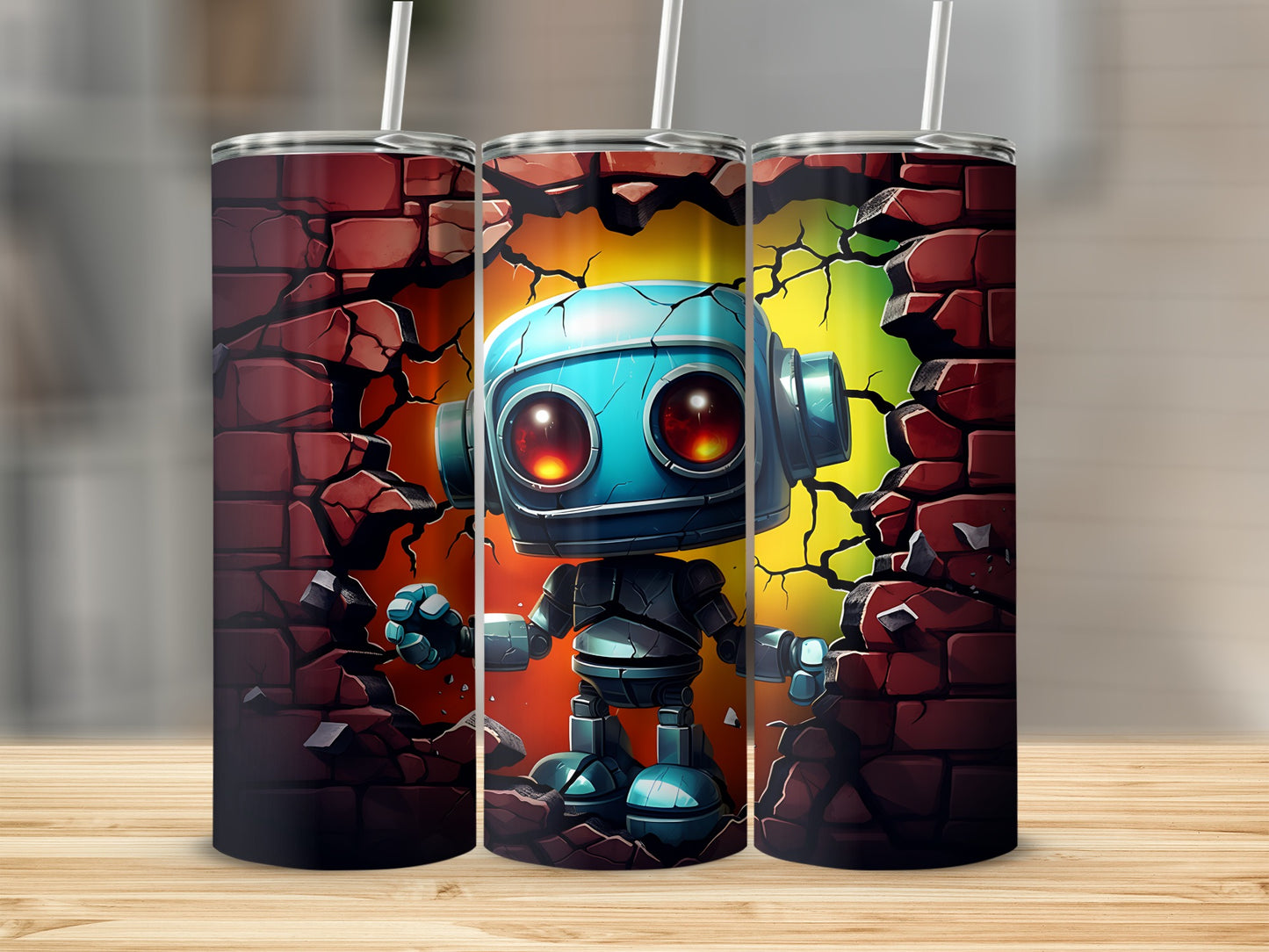 Futuristic Robot Cartoon Design Tumbler with Straw