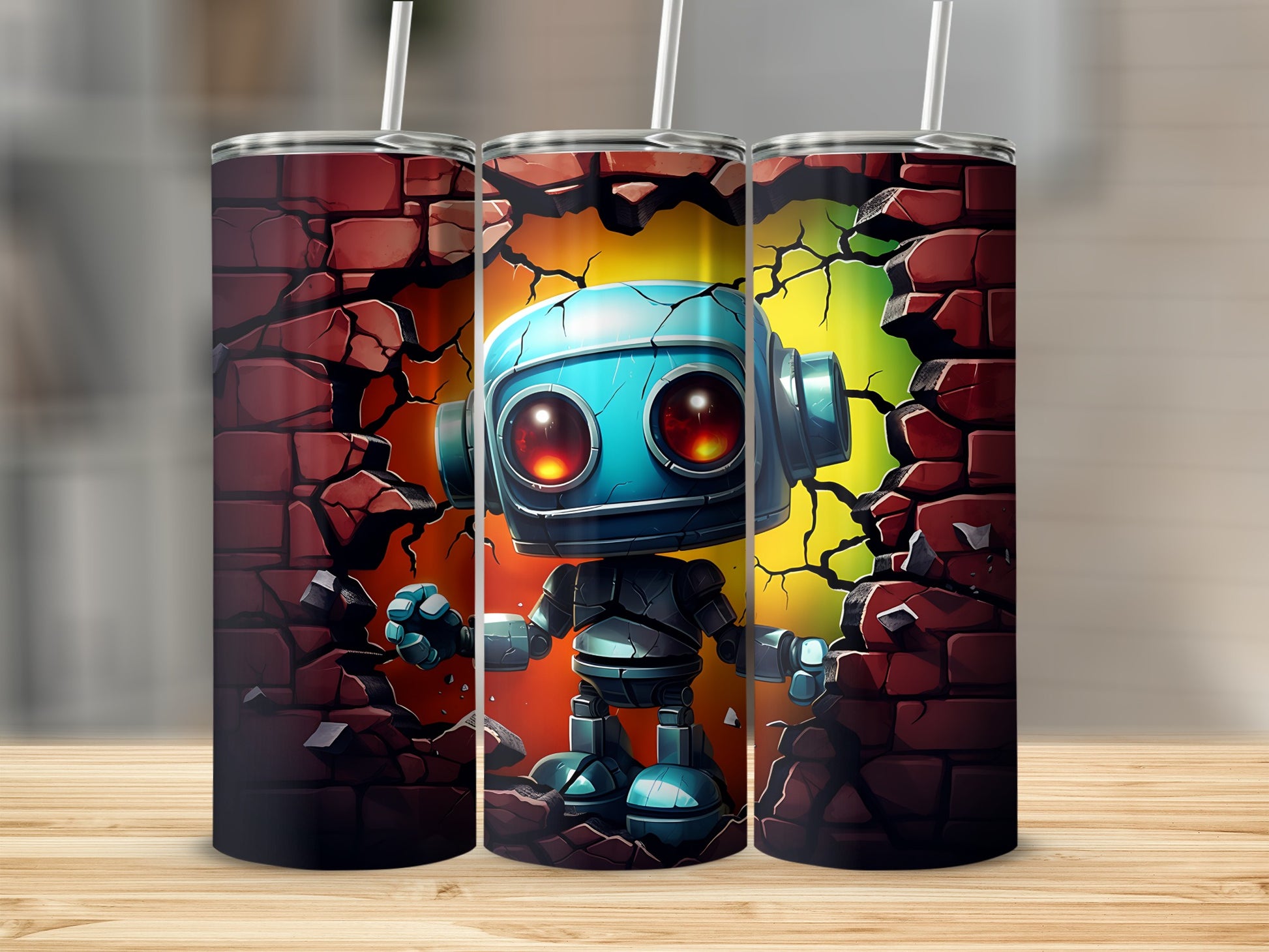 Futuristic Robot Cartoon Design Tumbler with Straw