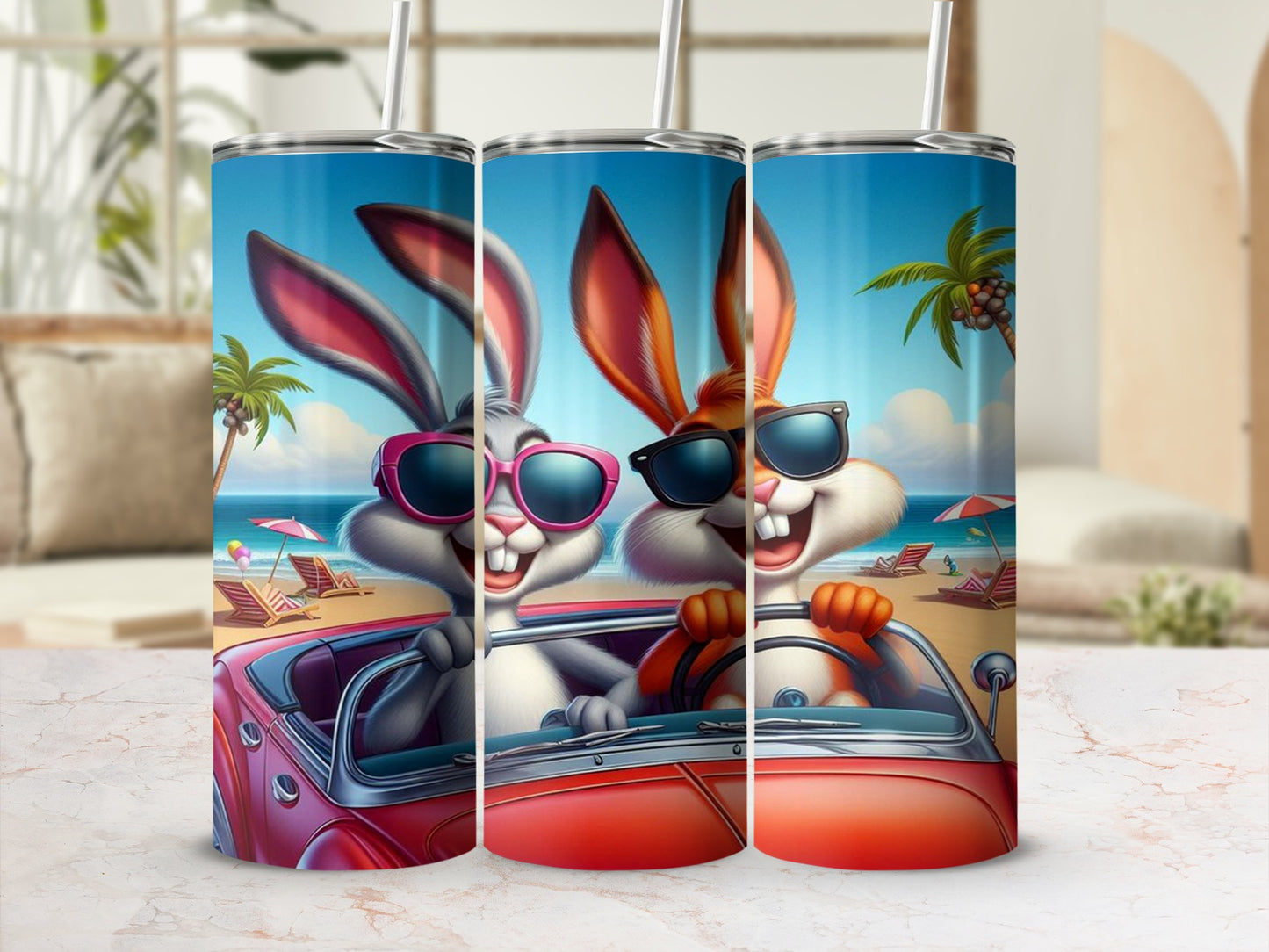 Fun Cartoon Bunny Playing on the Beach Tumbler Cup
