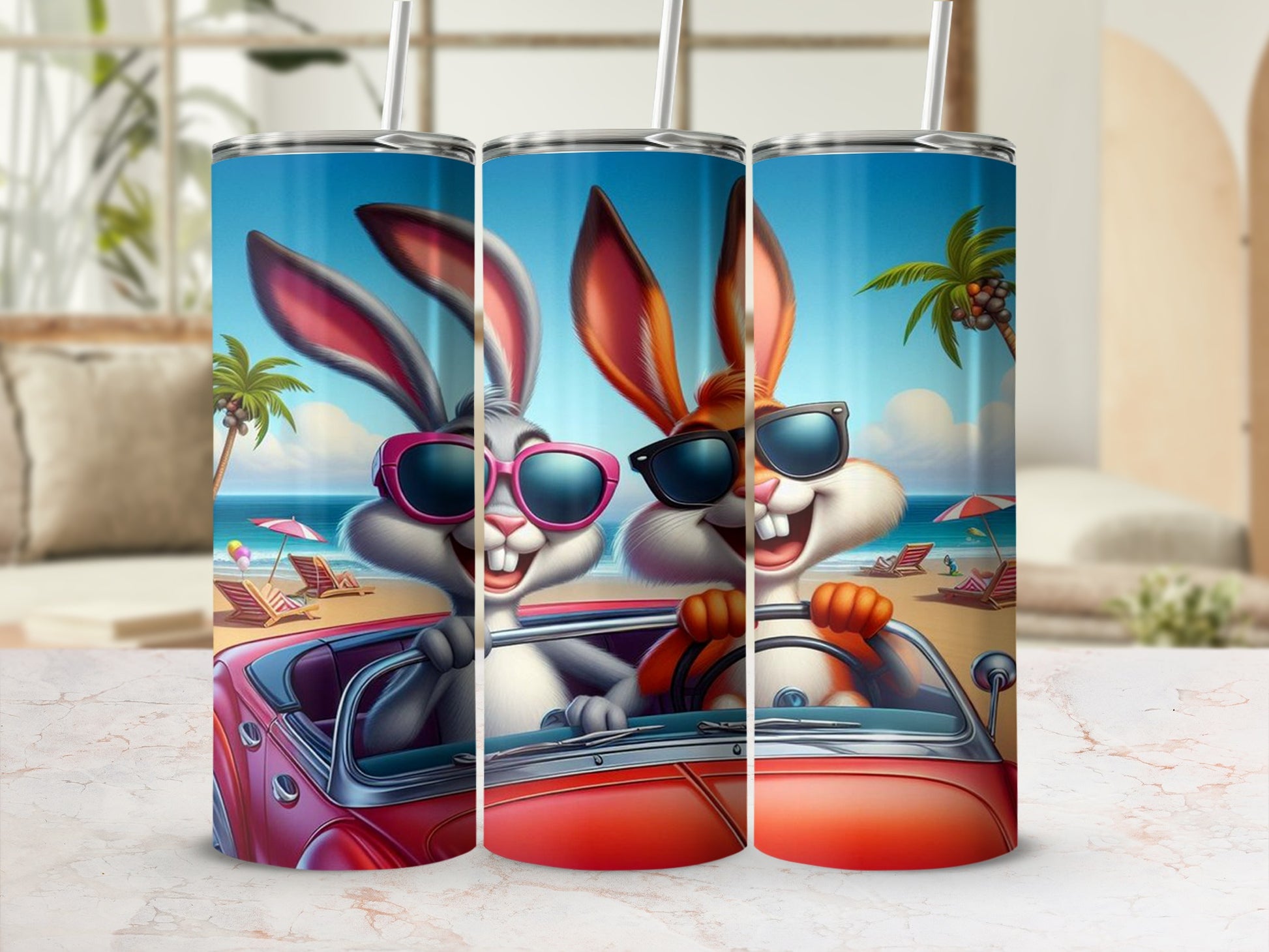 Fun Cartoon Bunny Playing on the Beach Tumbler Cup