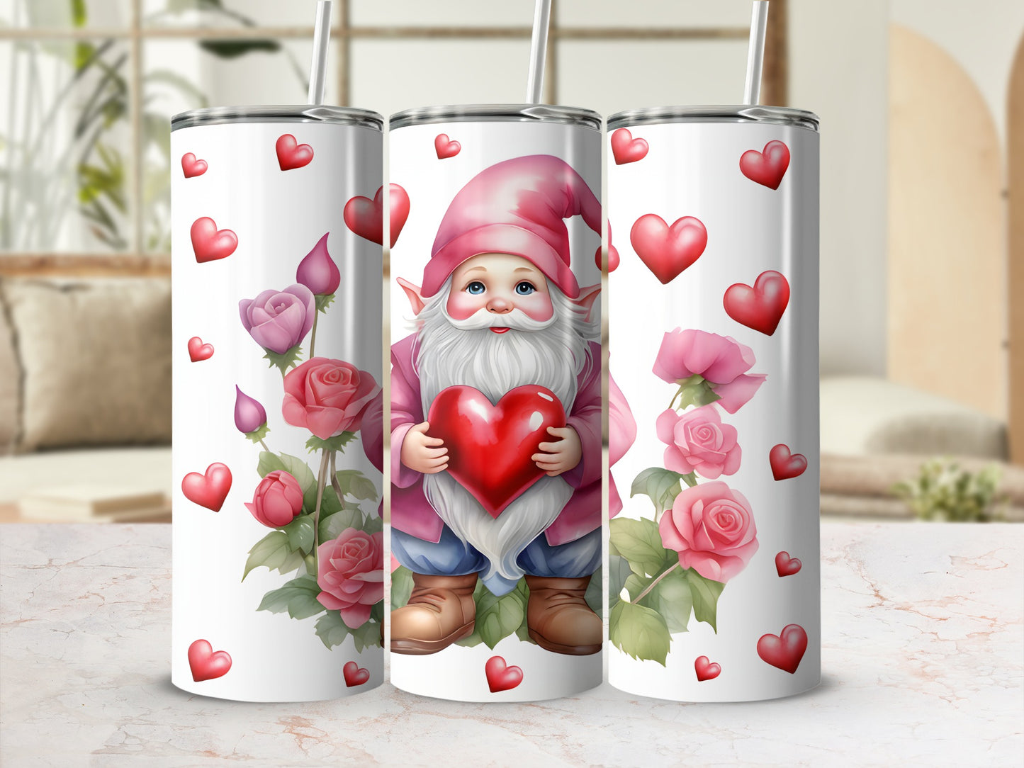 Gnome holding heart between pink roses on a white tumbler, Valentine's theme.