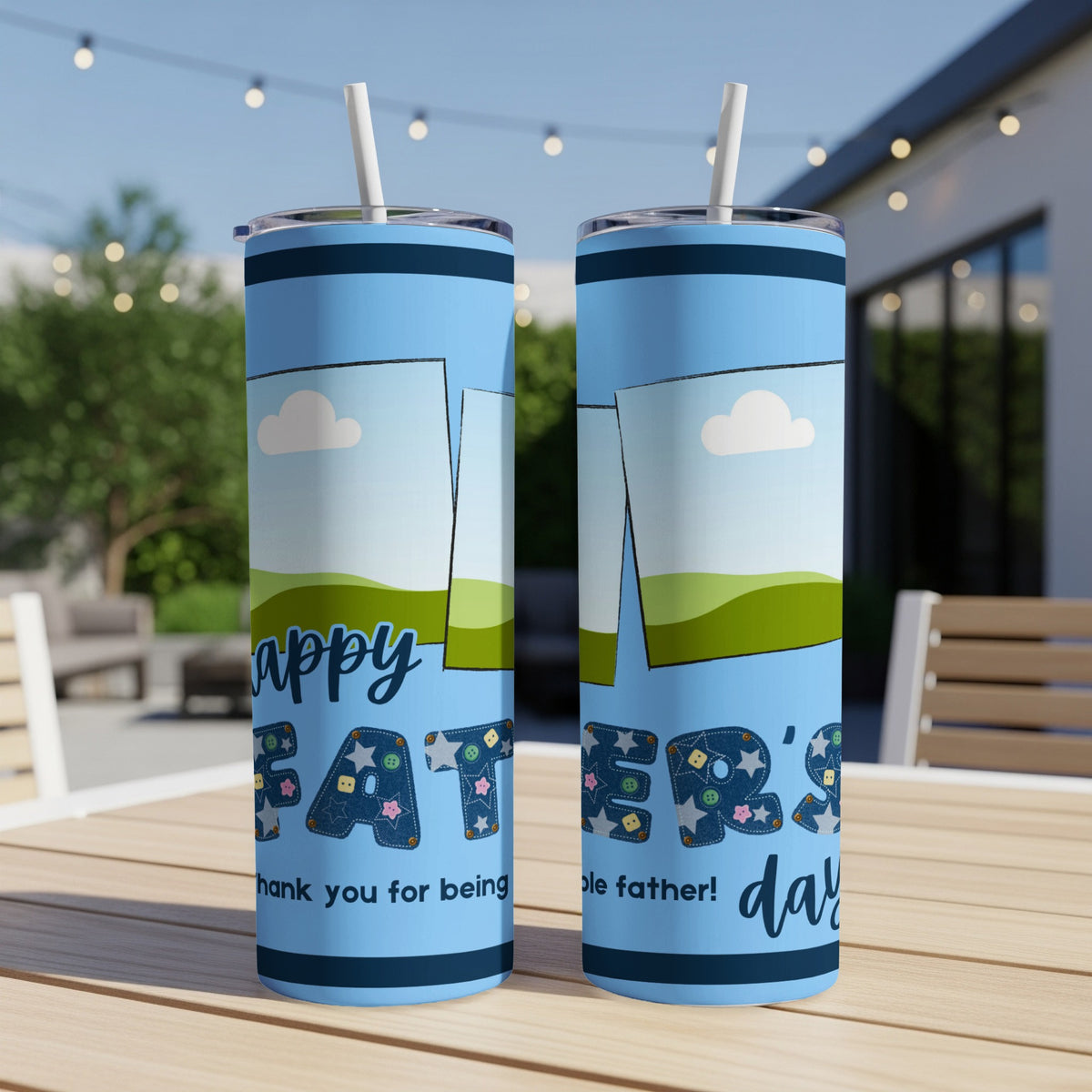 Two blue tumblers with "Happy Father's Day" and "thank you for being a wonderful father!" text.