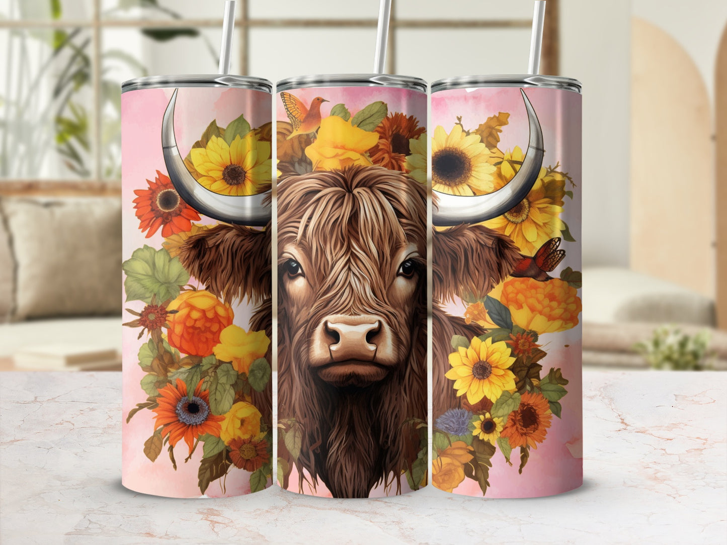 Floral Highland Cow Design Travel Tumbler for Beverages