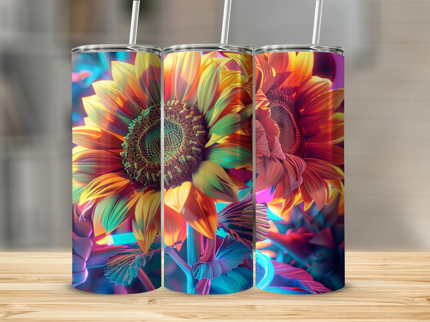 Three colorful sunflowers with vibrant neon lighting against a blurred background.