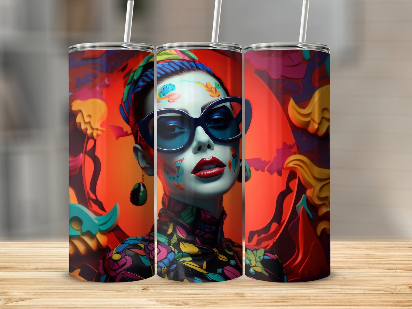 Three tumblers with colorful abstract art of a woman wearing sunglasses and a patterned shirt.