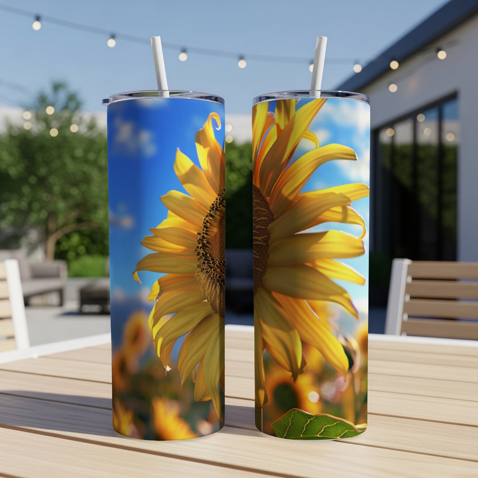 Two tumblers with a close-up sunflower design on a wooden table.