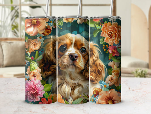 Tumbler with Cavalier King Charles Spaniel surrounded by floral accents.