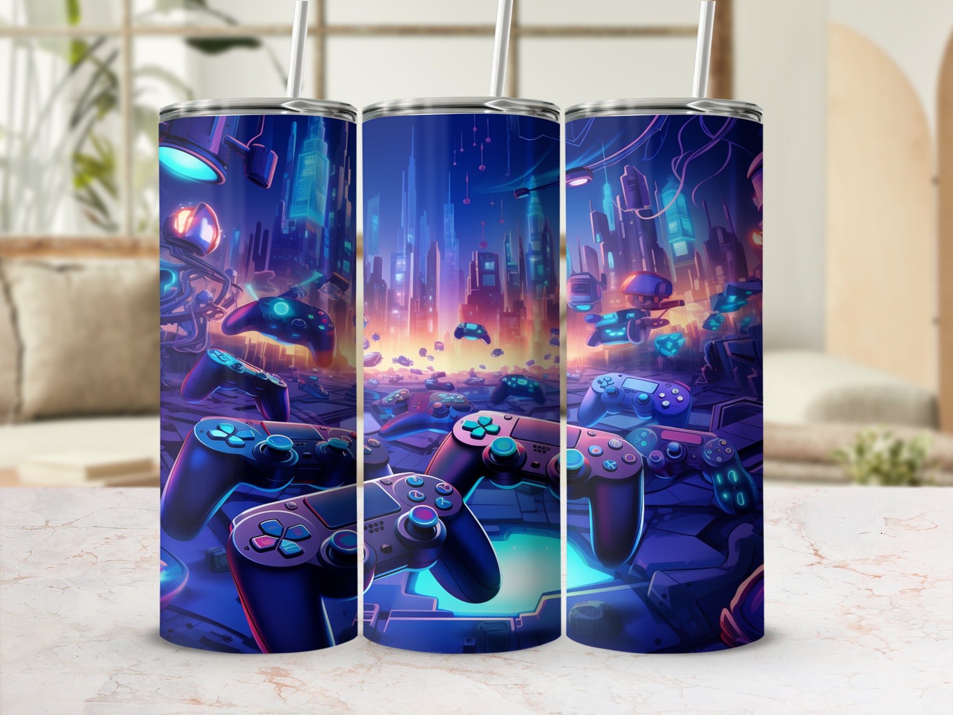 Three tumblers with a vibrant, futuristic cityscape and game controllers.
