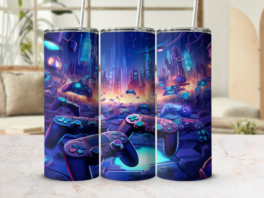 Three tumblers with a vibrant, futuristic cityscape and game controllers.