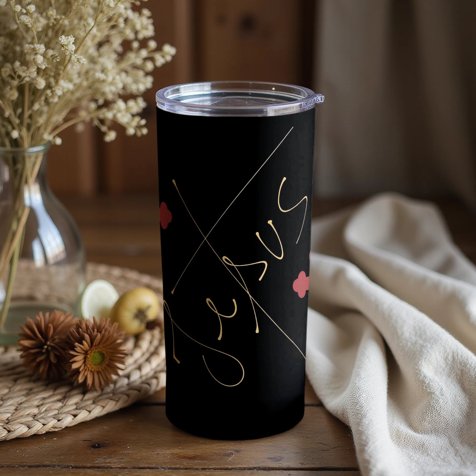 Inscribed Jesus Black Tumblers for a Modern Lifestyle