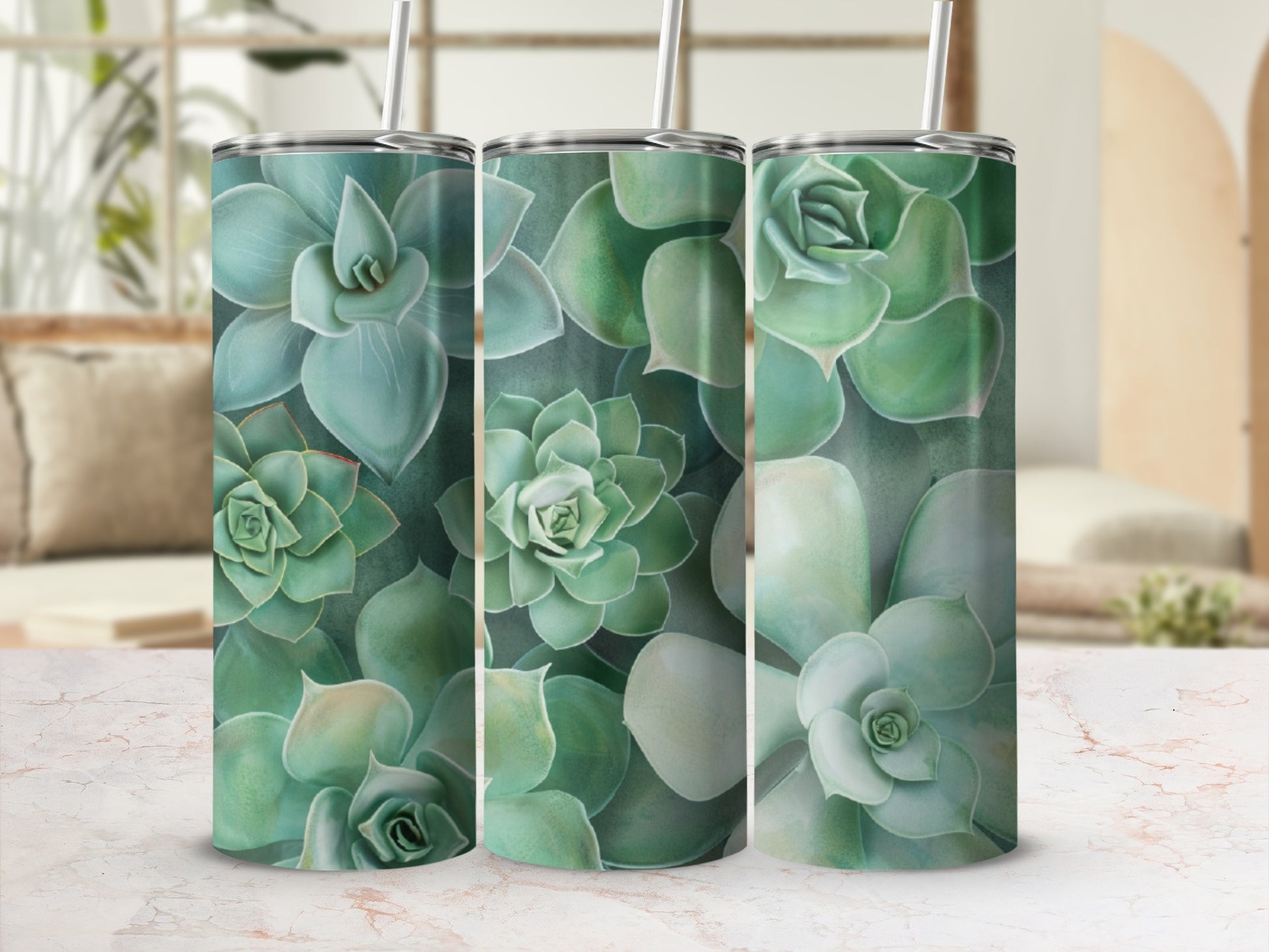 Three tumblers with a succulent plant design.