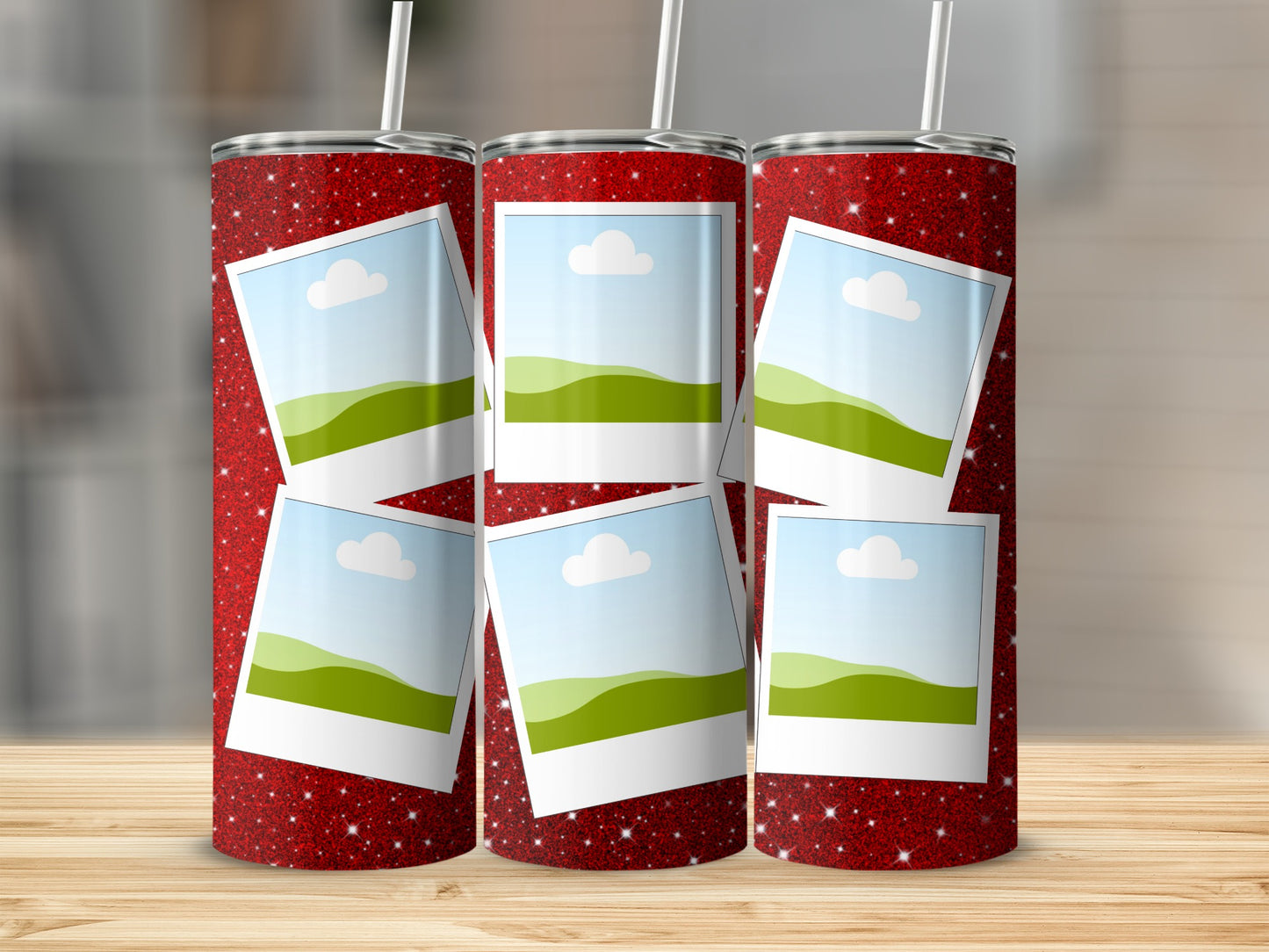 Three red glitter tumblers with photo frames displaying landscape scenes.
