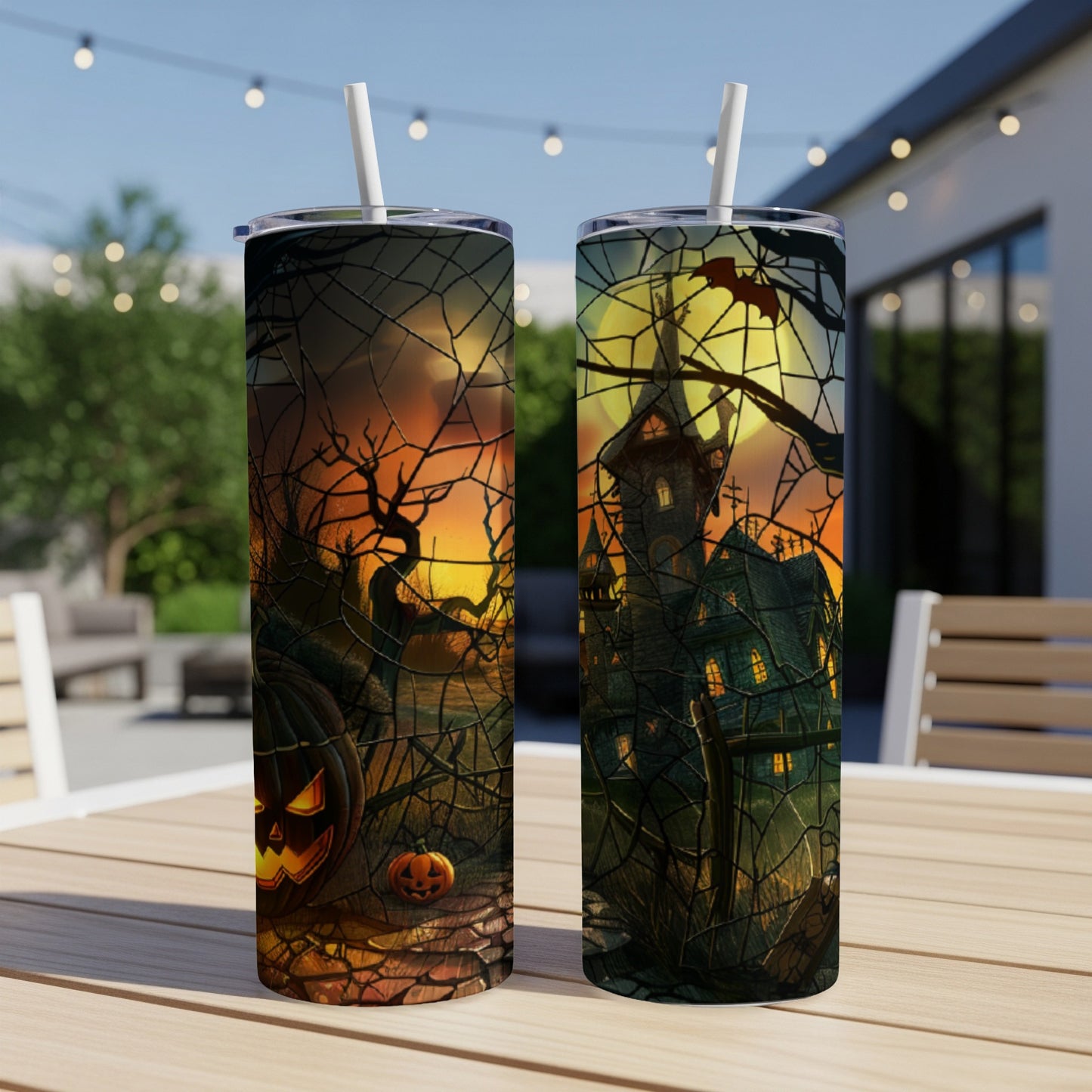 Two tumblers with a spooky Halloween scene, featuring a haunted house and jack-o'-lantern.