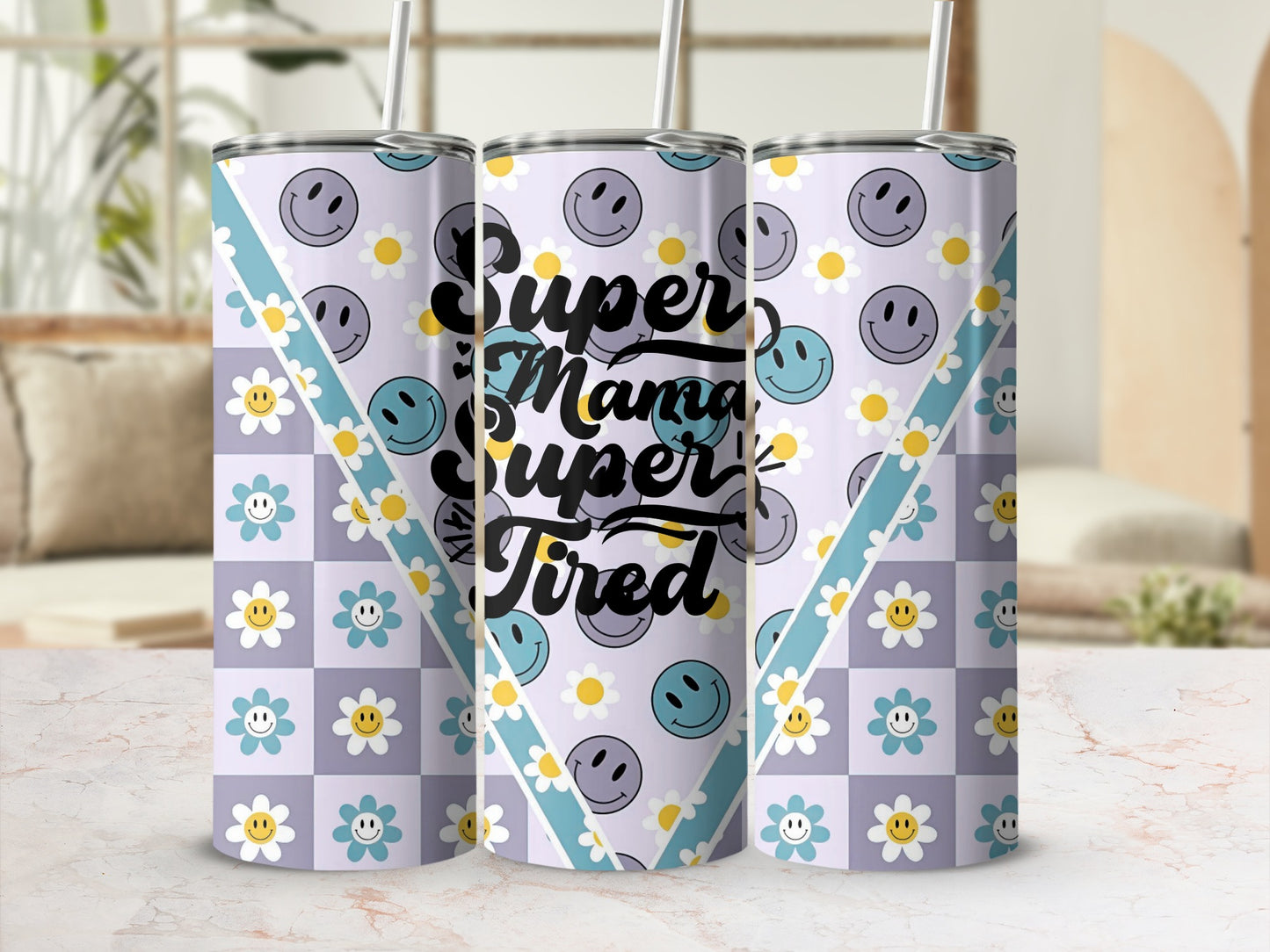 Super Mama Super Tired Flower Smiley Pattern Tumbler