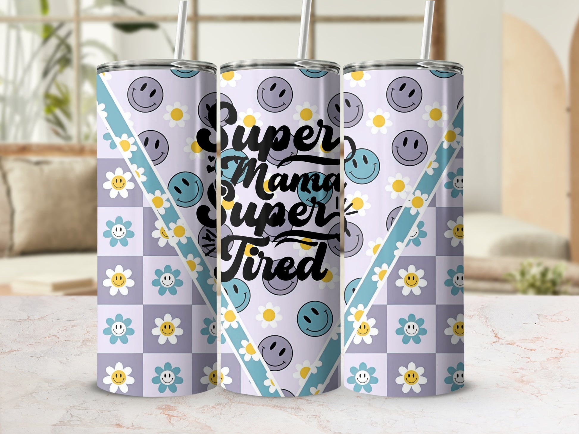 Super Mama Super Tired Flower Smiley Pattern Tumbler
