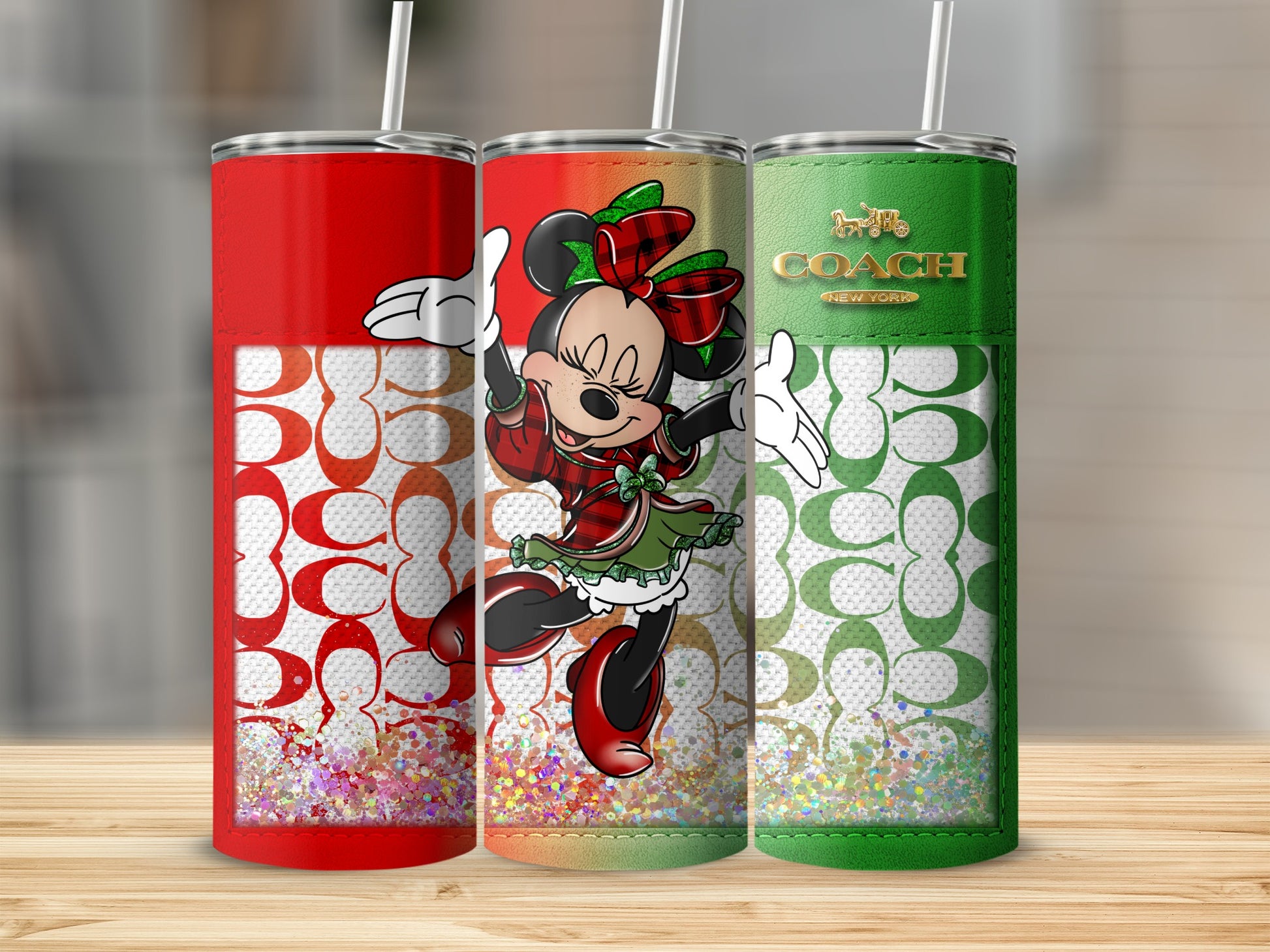 Minnie Mouse in festive outfit with Coach pattern tumblers.