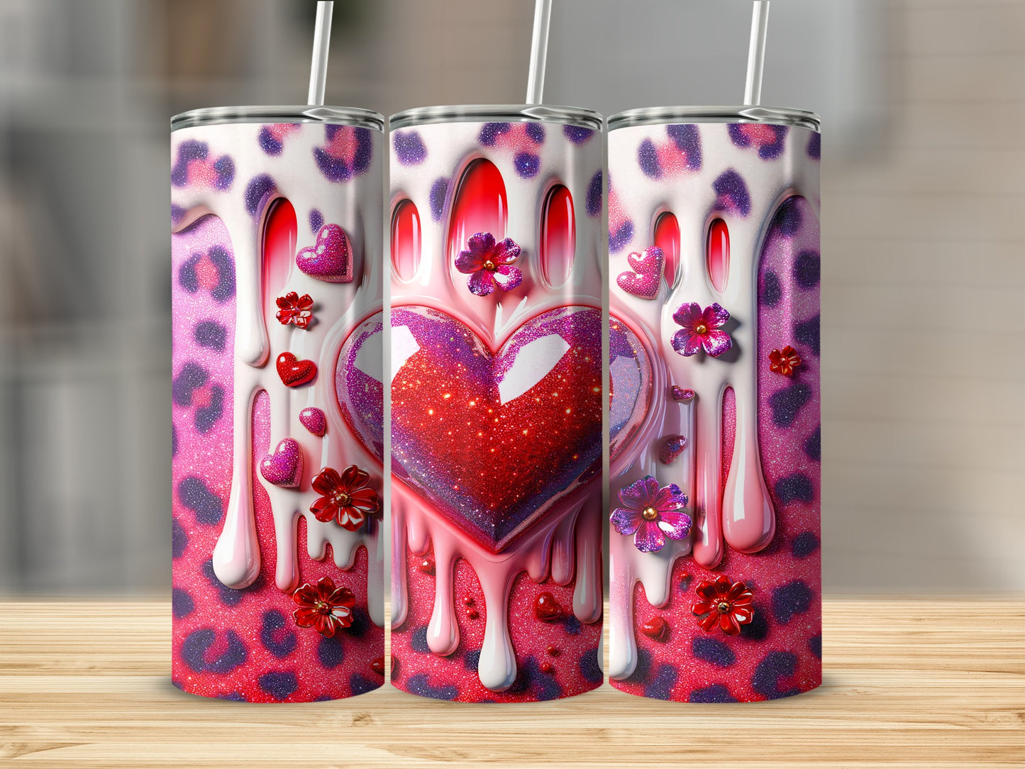 Valentine's Day! Sparkly Heart Flowers Dripping Decoration Design Tumblers