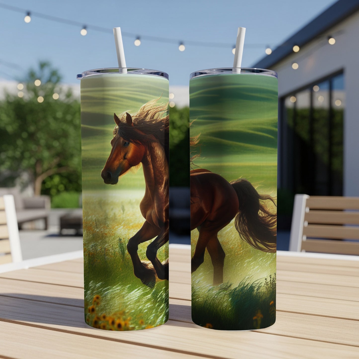 Brown horse running through a grassy field on a tumbler.