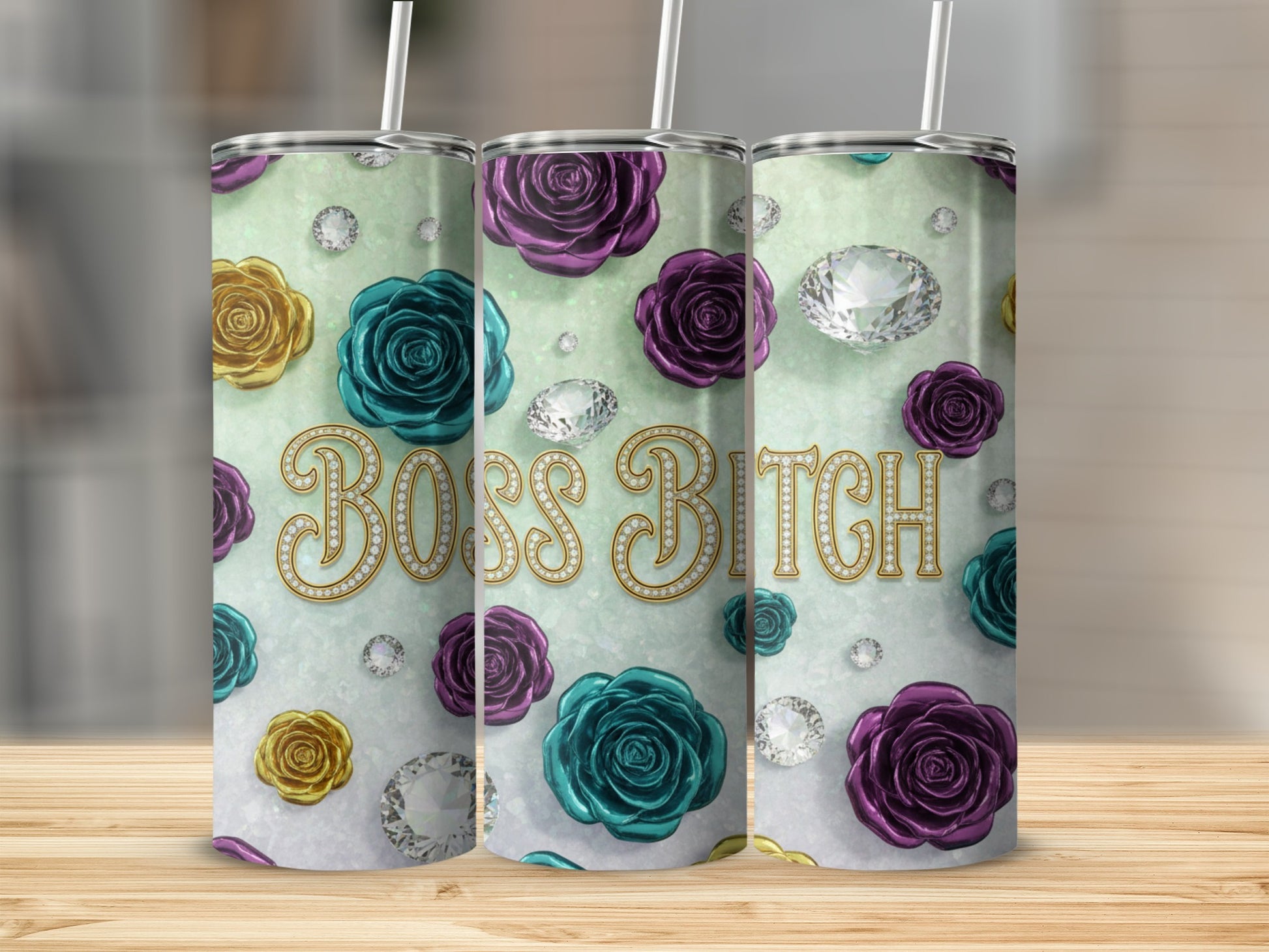 Boss Bitch Floral and Diamonds Design Tumbler