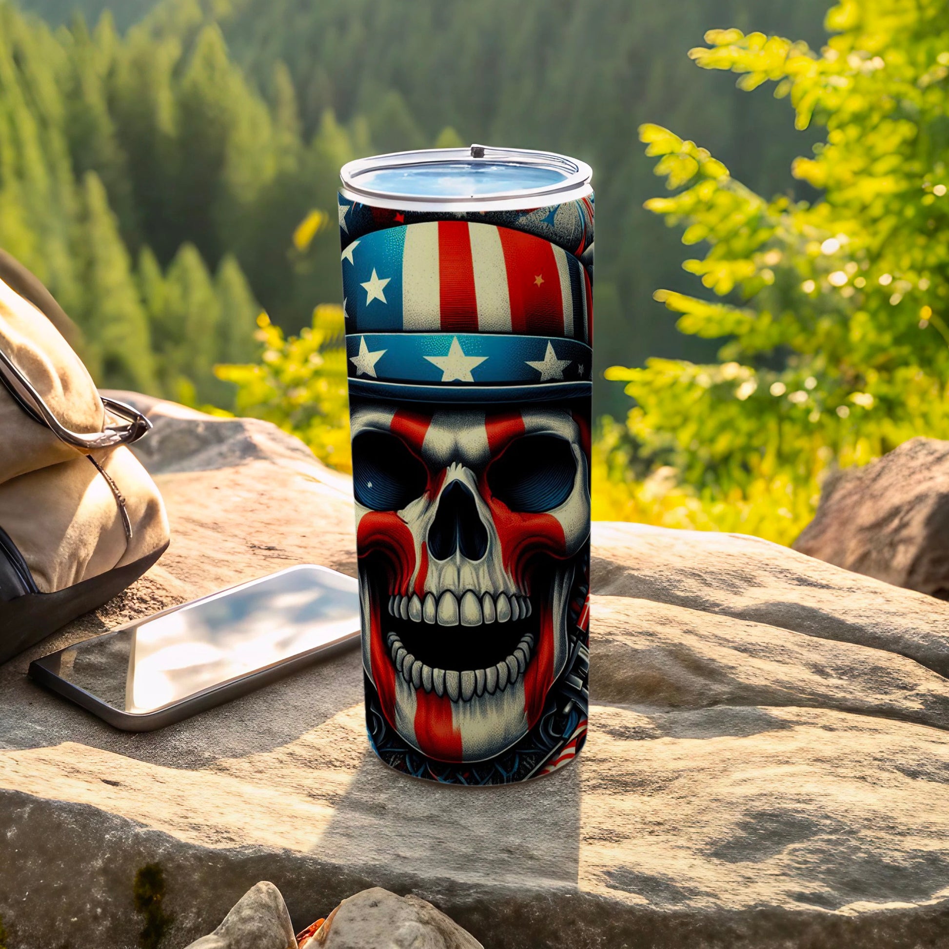 Tumbler with skull wearing American flag hat and face paint.