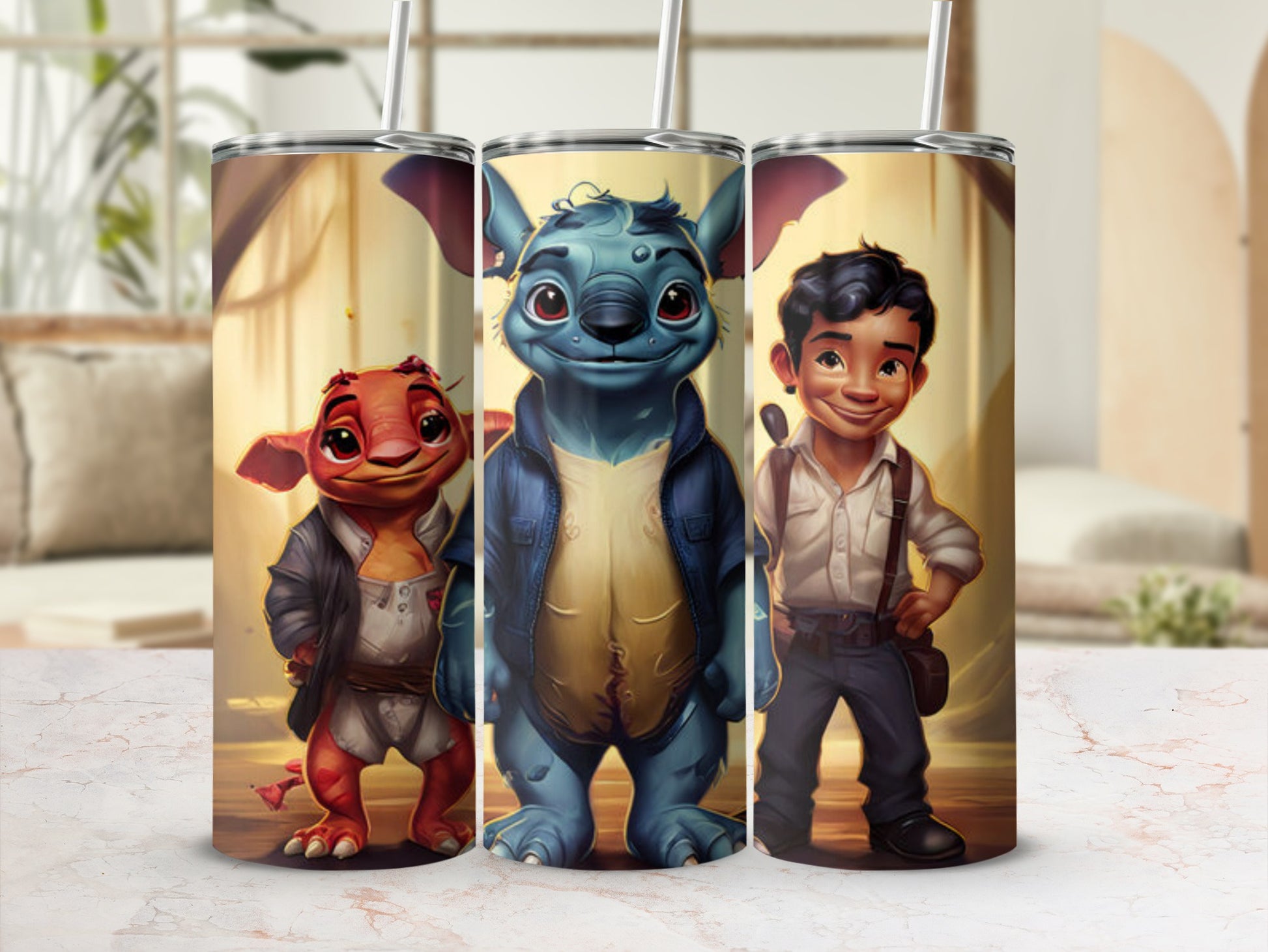 Three characters from Disney's Lilo & Stitch: Stitch, Lilo, and a dragon.