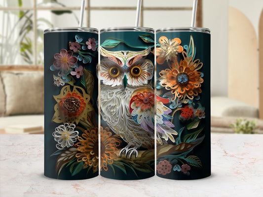 Dark tumbler with detailed owl and floral art.