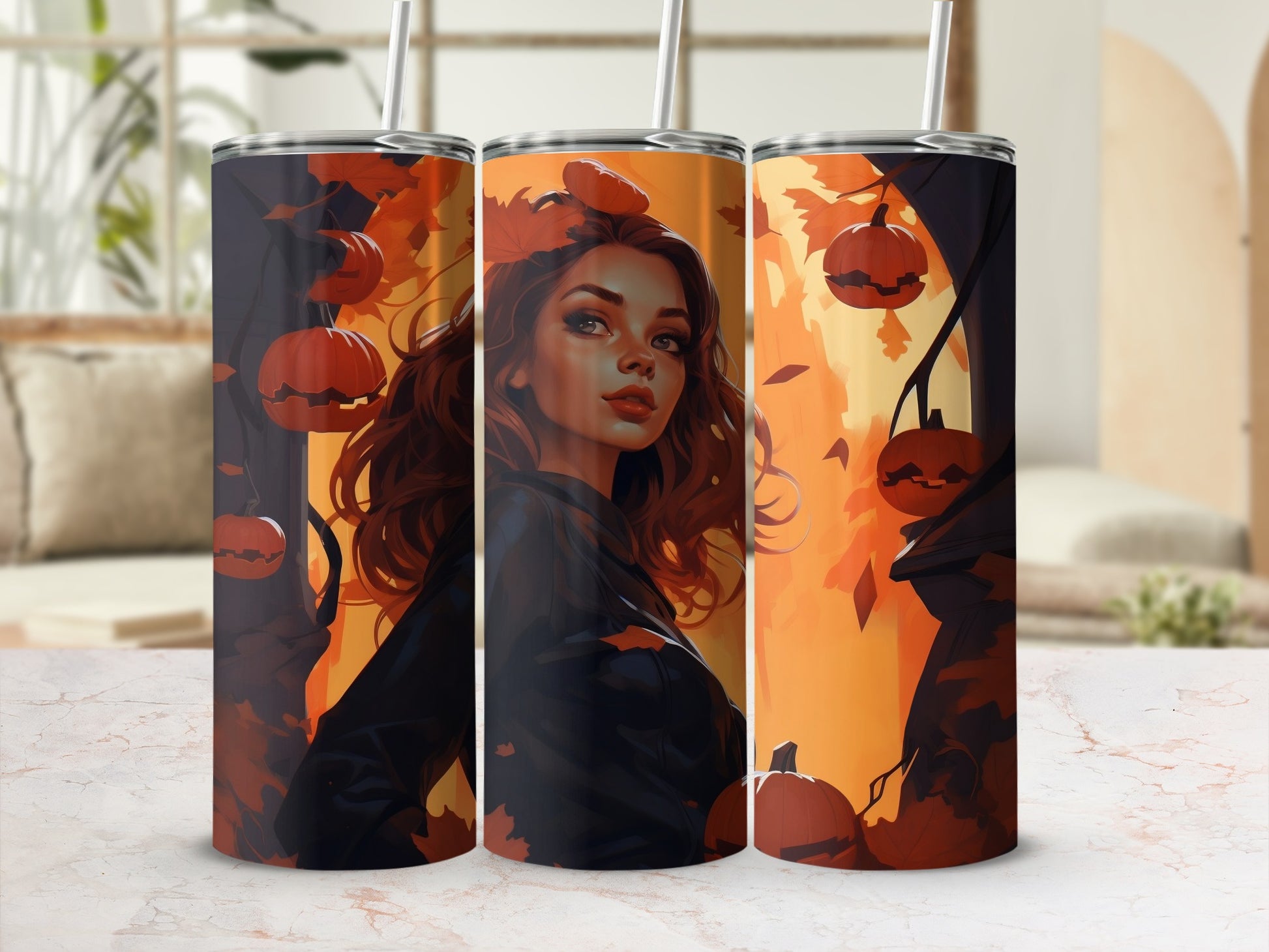 Triptych of tumblers featuring a woman with pumpkins and autumn leaves.