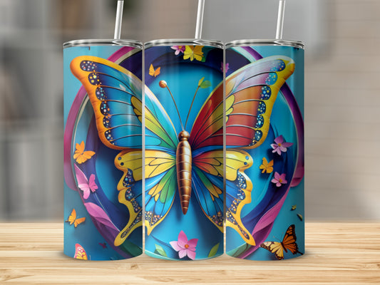 Colorful butterfly tumbler with floral accents.