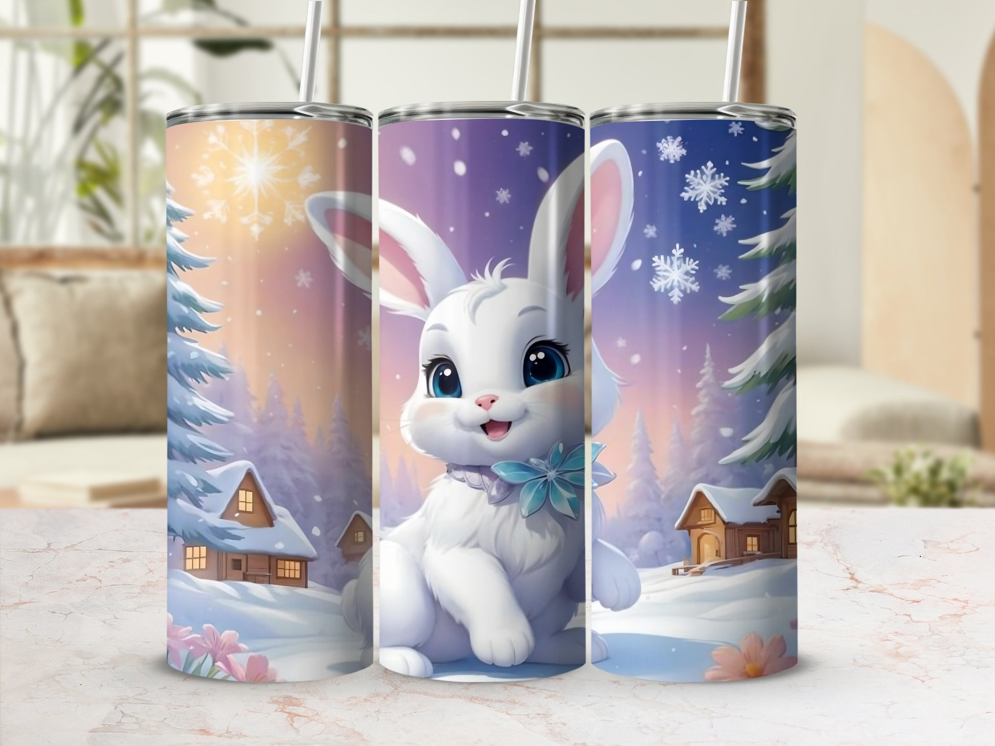 Adorable Winter Bunny Themed Tumbler Cup Flask