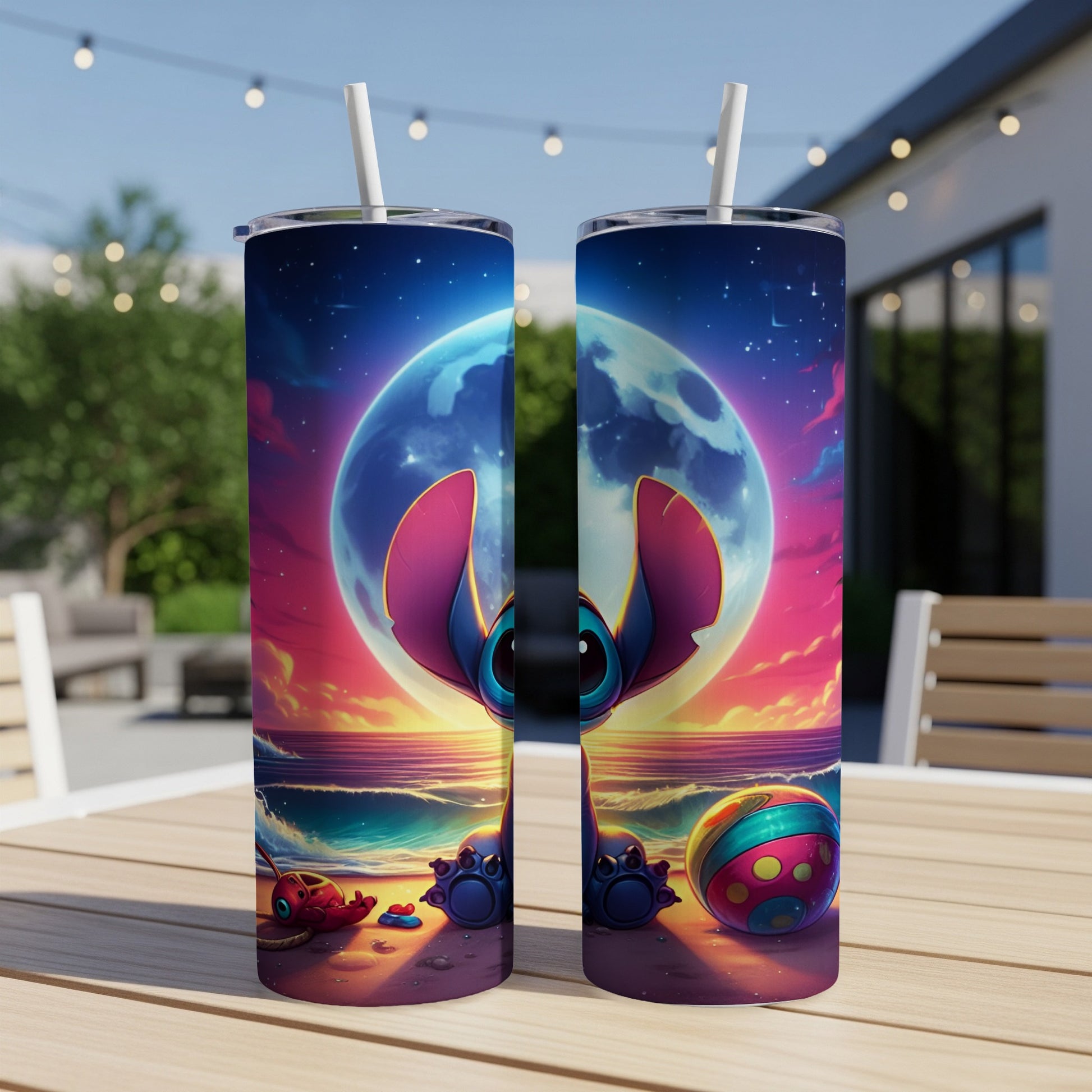 Two Stitch tumblers with a beach scene and large moon.