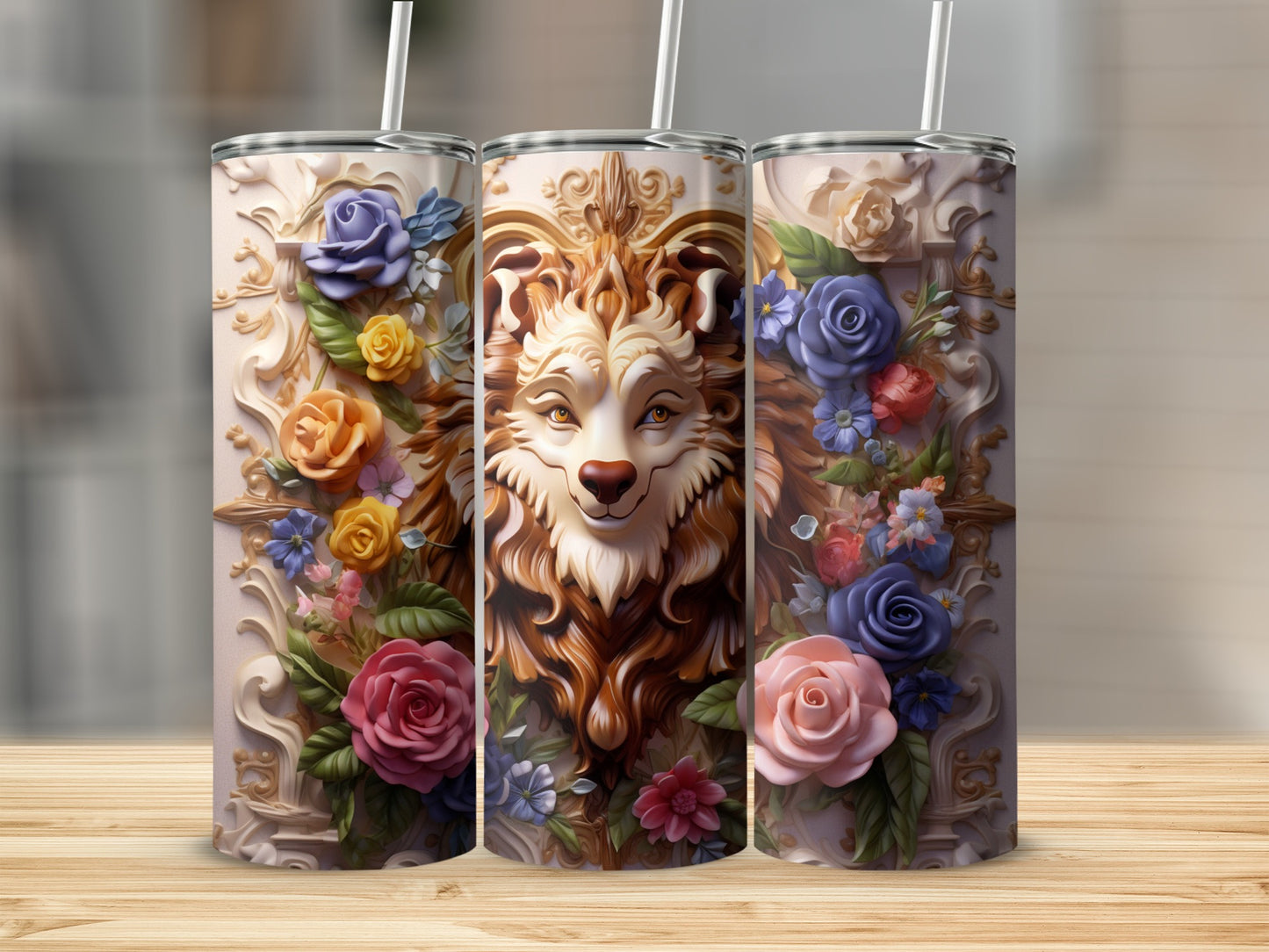 Elegant Floral Lion Artwork Insulated Tumbler