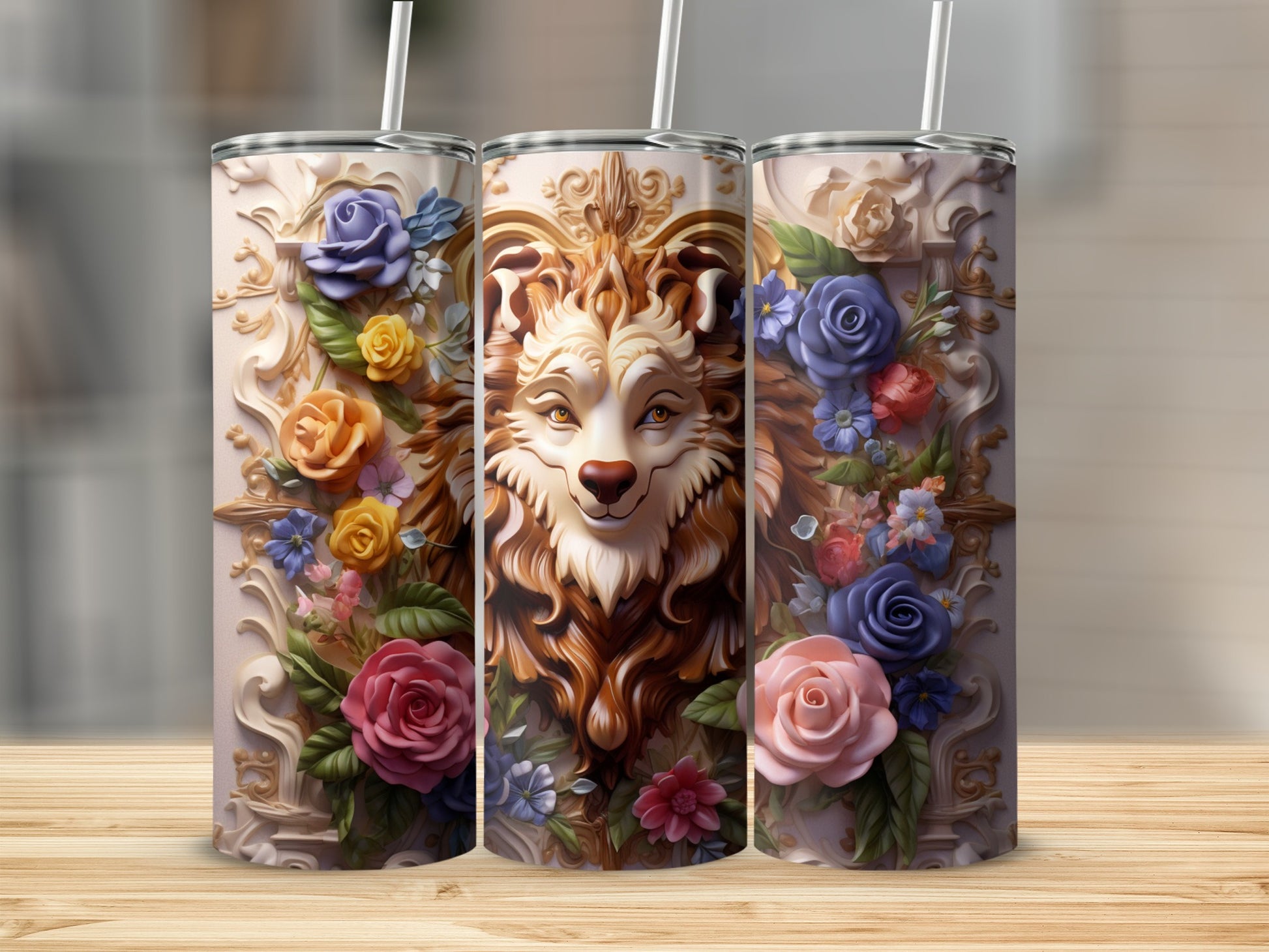 Elegant Floral Lion Artwork Insulated Tumbler