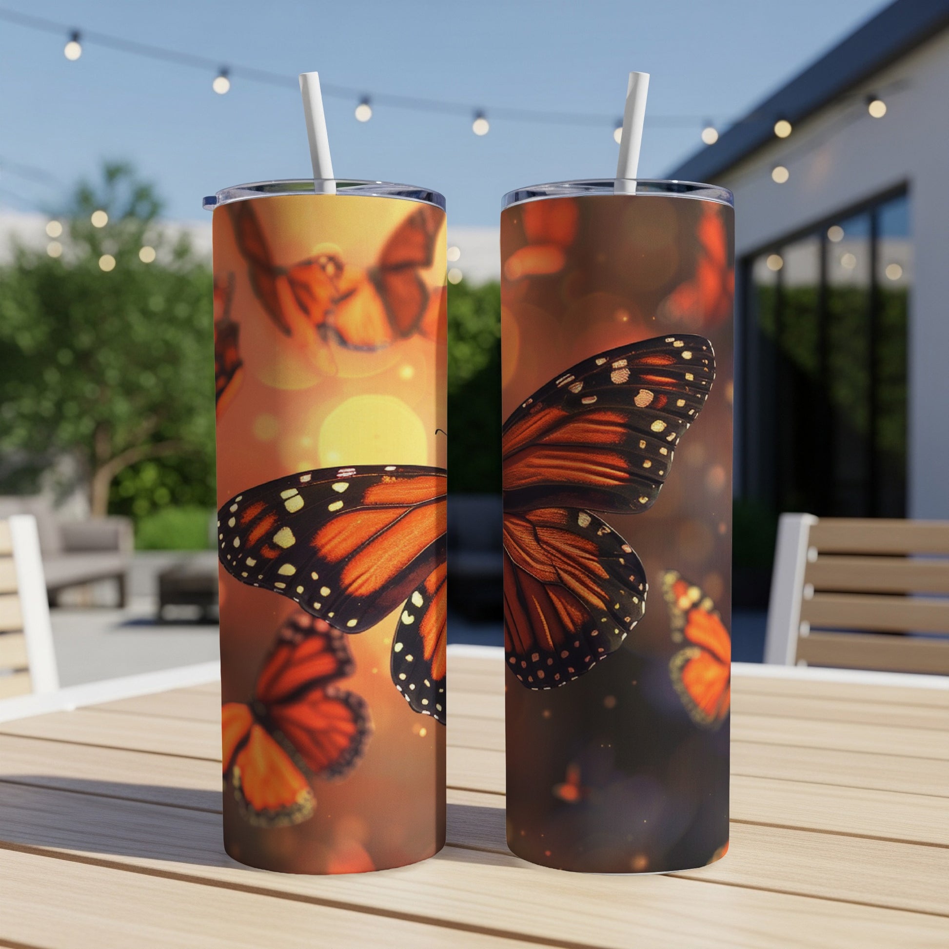 Two Monarch butterflies on a speckled background with blurred outdoor lights.