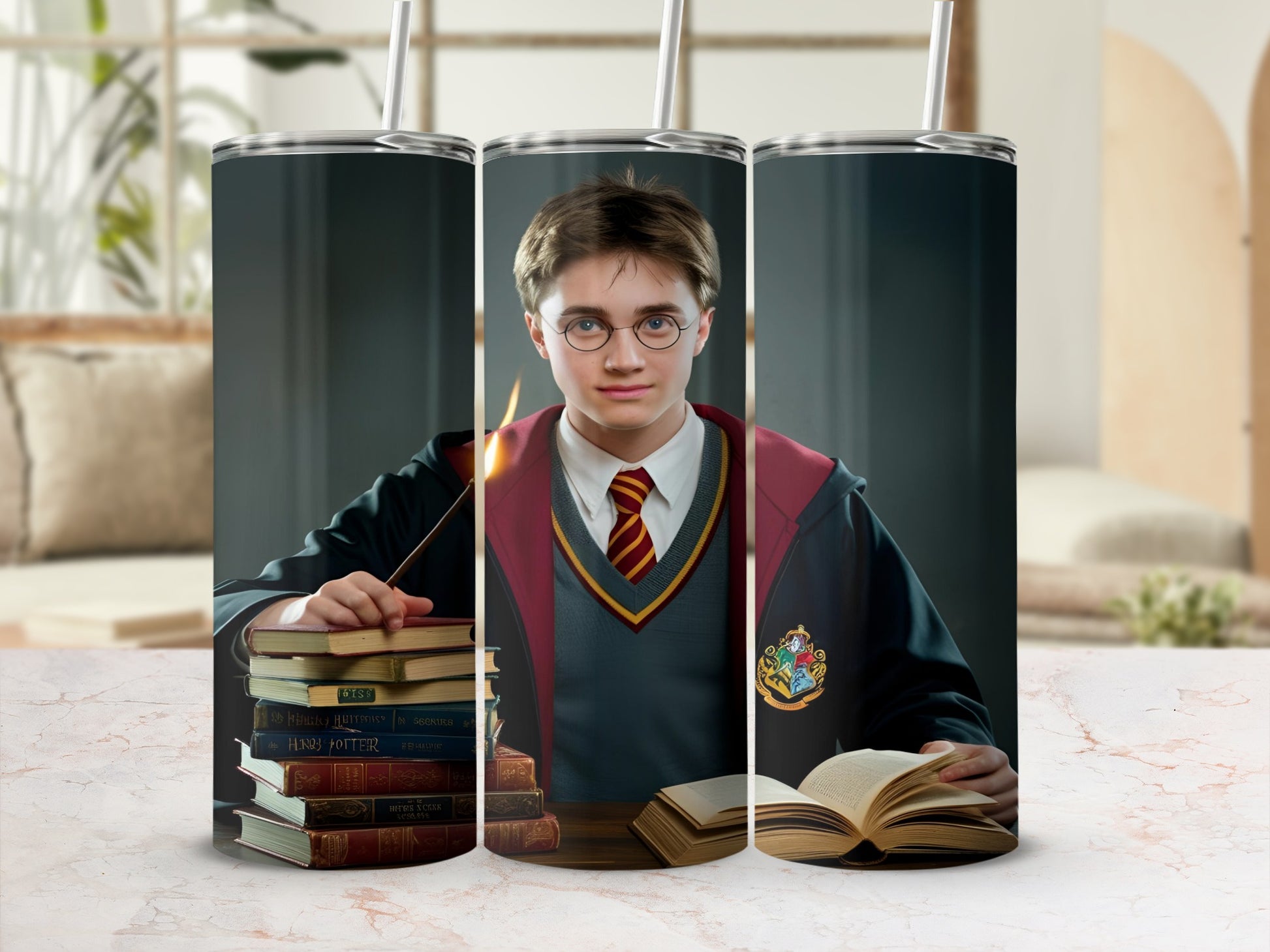 Harry Potter in Hogwarts uniform with wand, books, and open book.