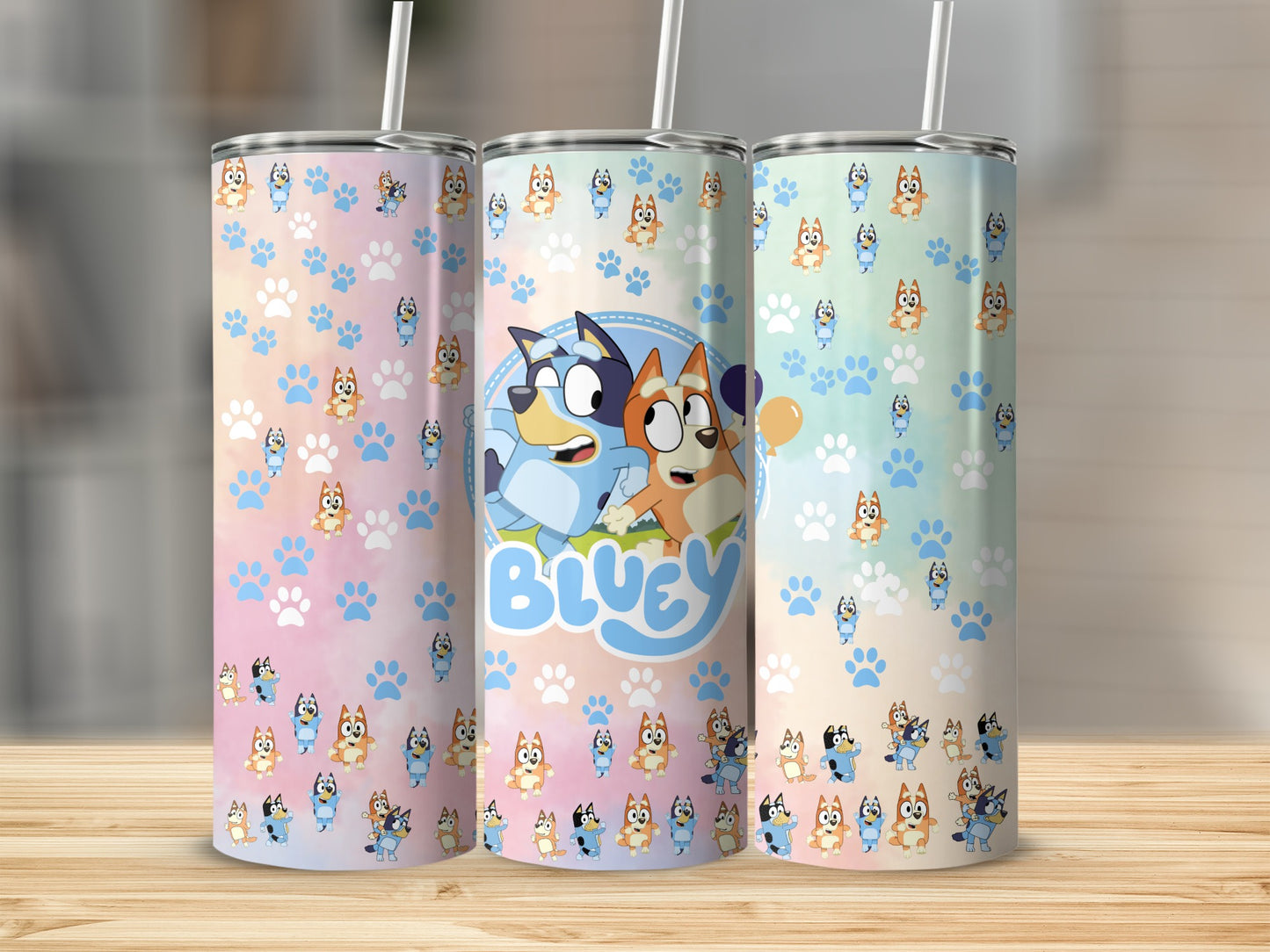 Bluey Themed Tumblers with Paw Prints and Characters