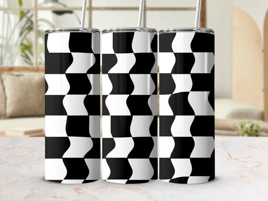 Black and white checkered wave pattern on three stainless steel tumblers.