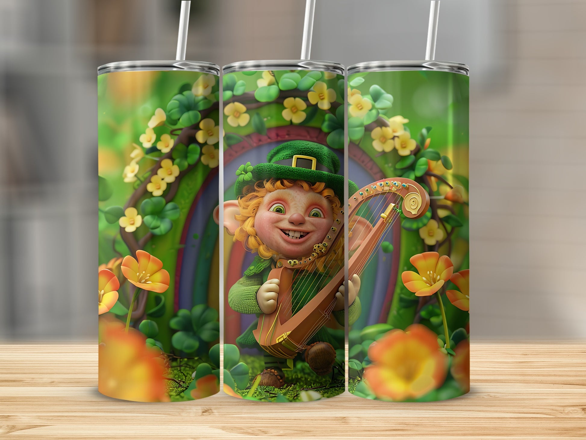 Leprechaun playing a harp in front of a rainbow archway and a hobbit-like door.