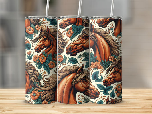 Triptych of tumblers with horse and floral pattern.
