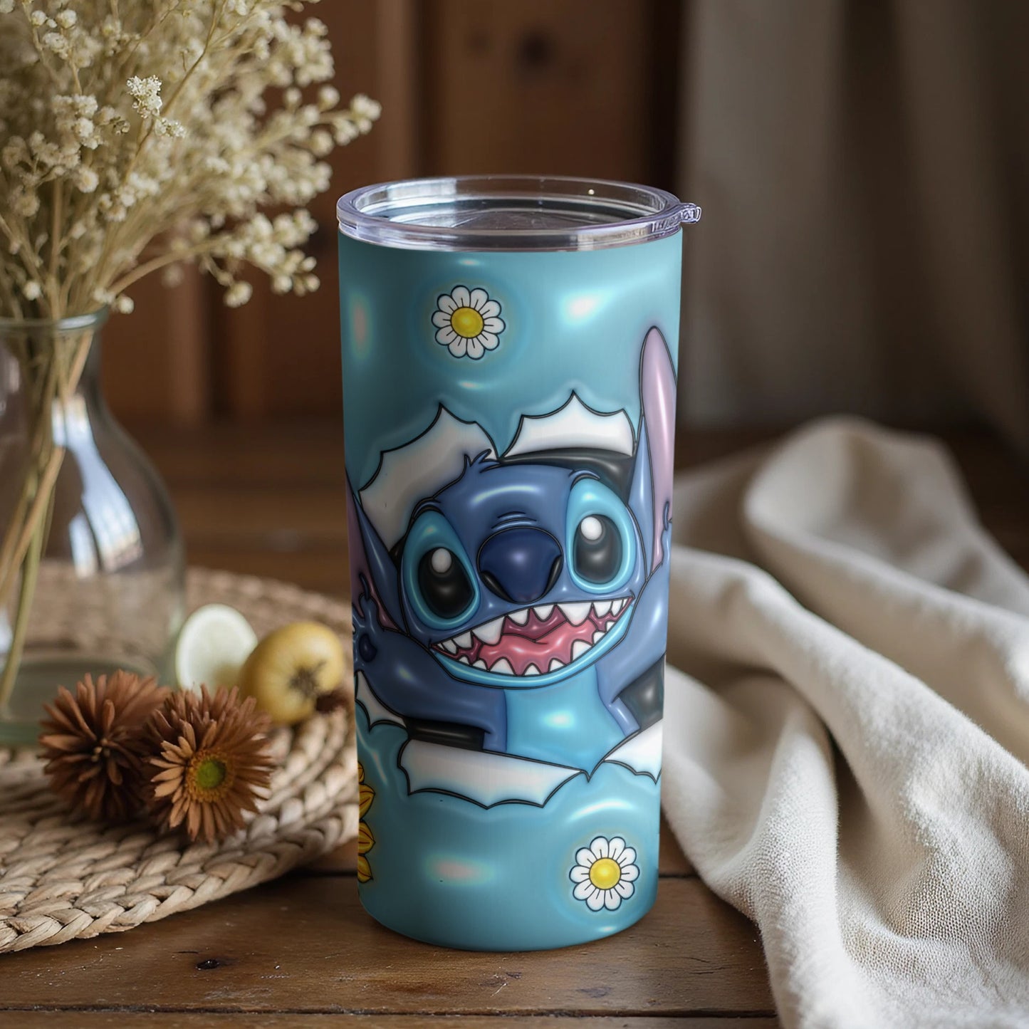 Cartoon Character Blue Tumbler With Floral Design