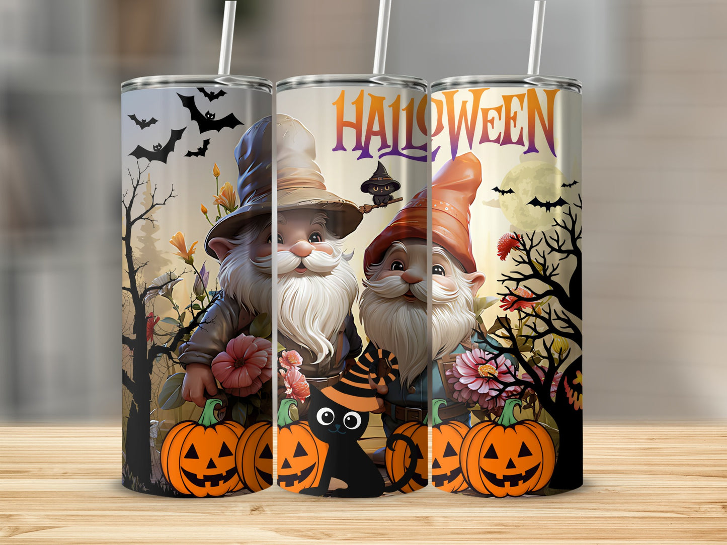 Halloween Gnome 20oz Tumbler with Pumpkins and Cat
