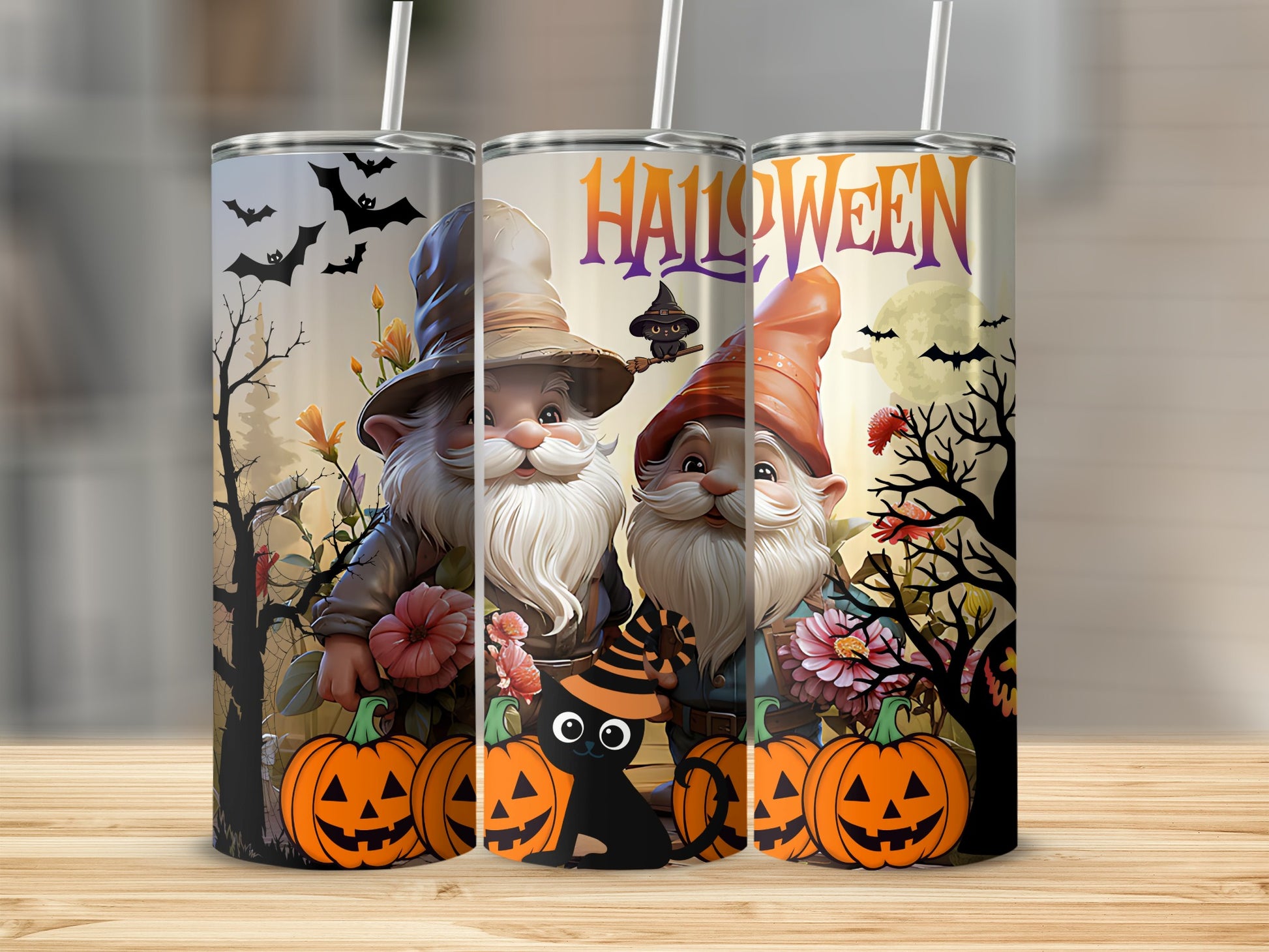 Halloween Gnome 20oz Tumbler with Pumpkins and Cat